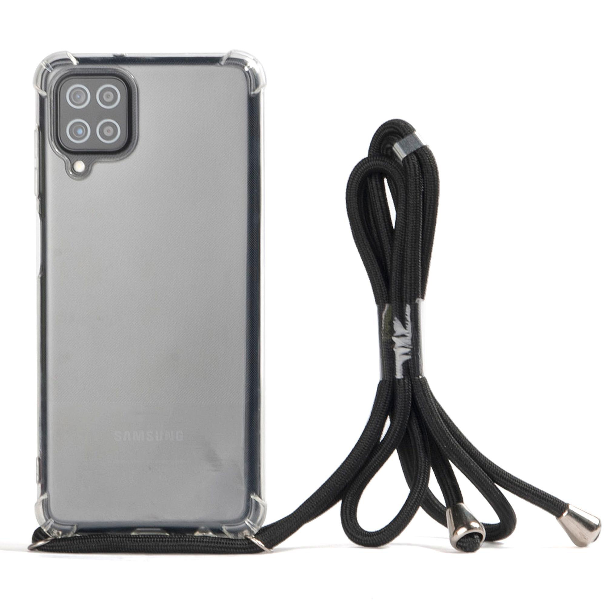 Transparente Handyhülle mit schwarzem Schlüsselband. Samsung-Telefon sichtbar. Weißer Hintergrund.
