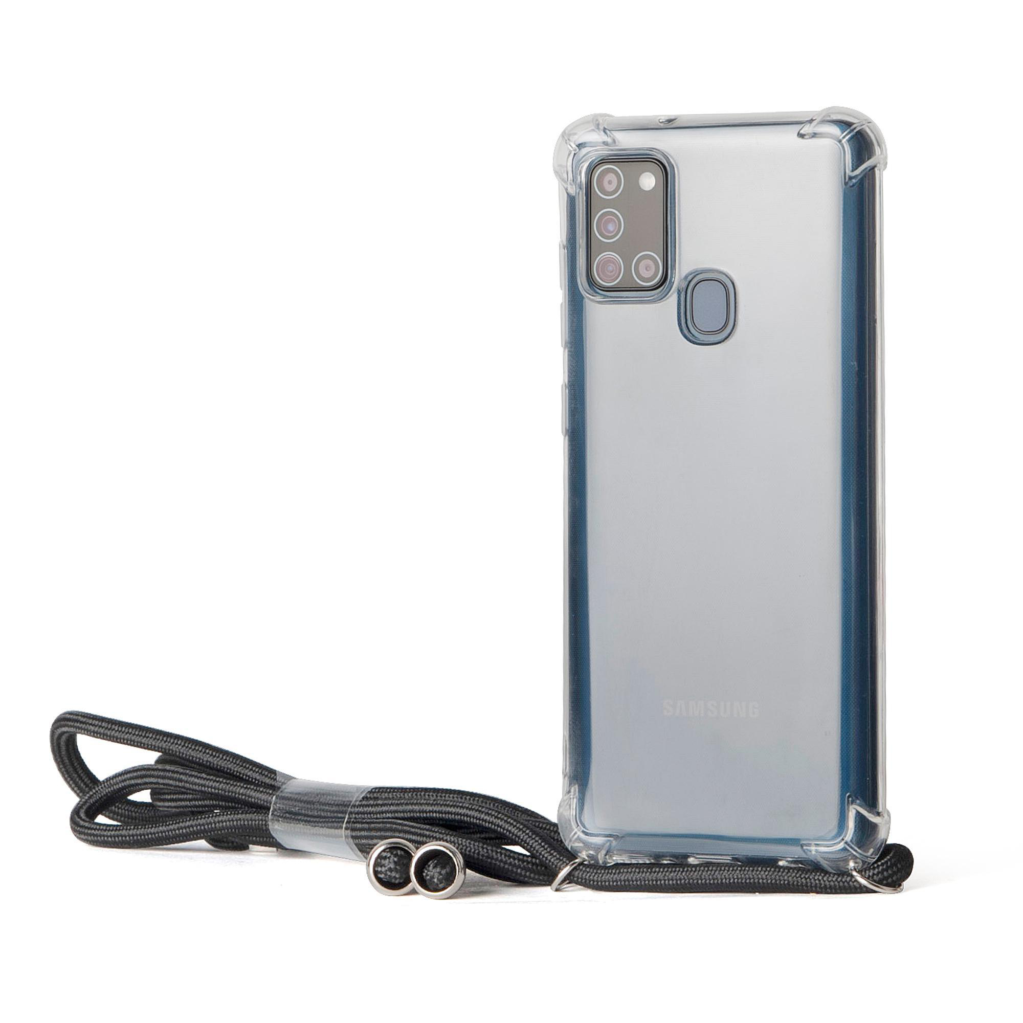 Transparente Handyhülle mit schwarzem Gurt, der ein Telefon hält. Das Wort „SAMSUNG“ steht auf dem Telefon.