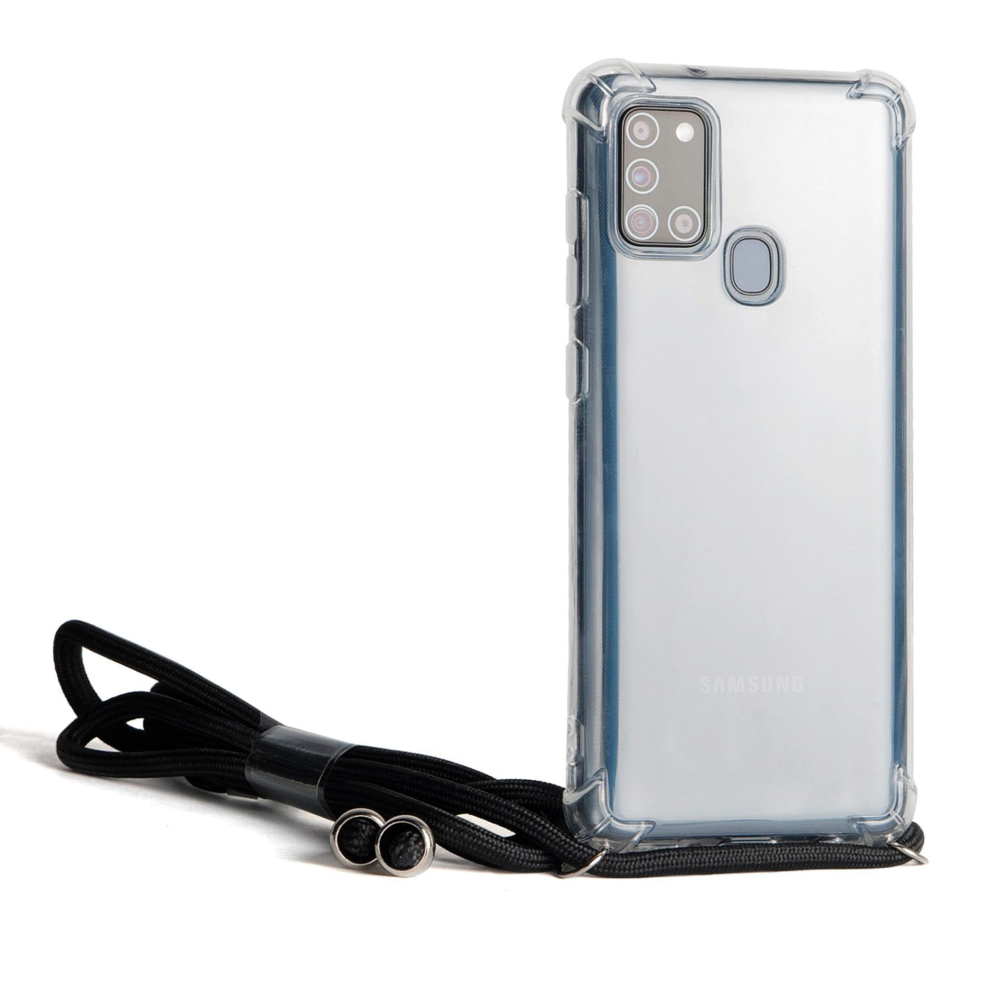 Klare Handyhülle mit schwarzem Umhängeband. Das Telefon ist transparent und zeigt das Samsung-Logo. Weißer Hintergrund.