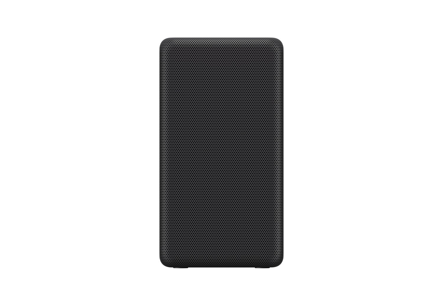 Altavoz negro y rectangular con frontal de malla, sobre fondo blanco.