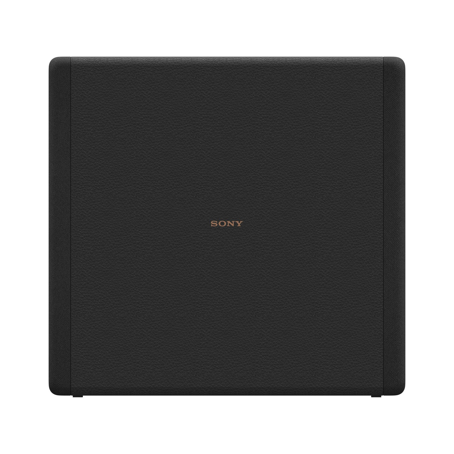 Altavoz Sony negro. Forma rectangular. Logotipo de Sony centrado. Superficie oscura.