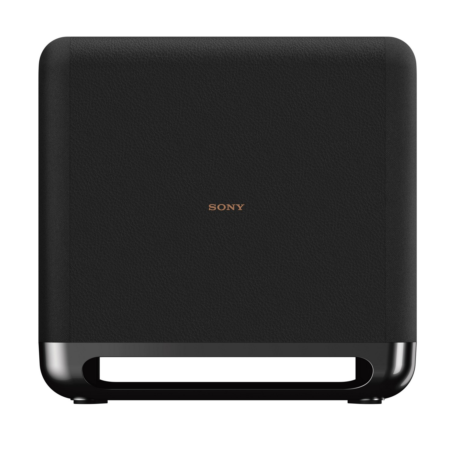 Subwoofer negro. El frente tiene una superficie texturizada con el logotipo de Sony. La base es metálica.