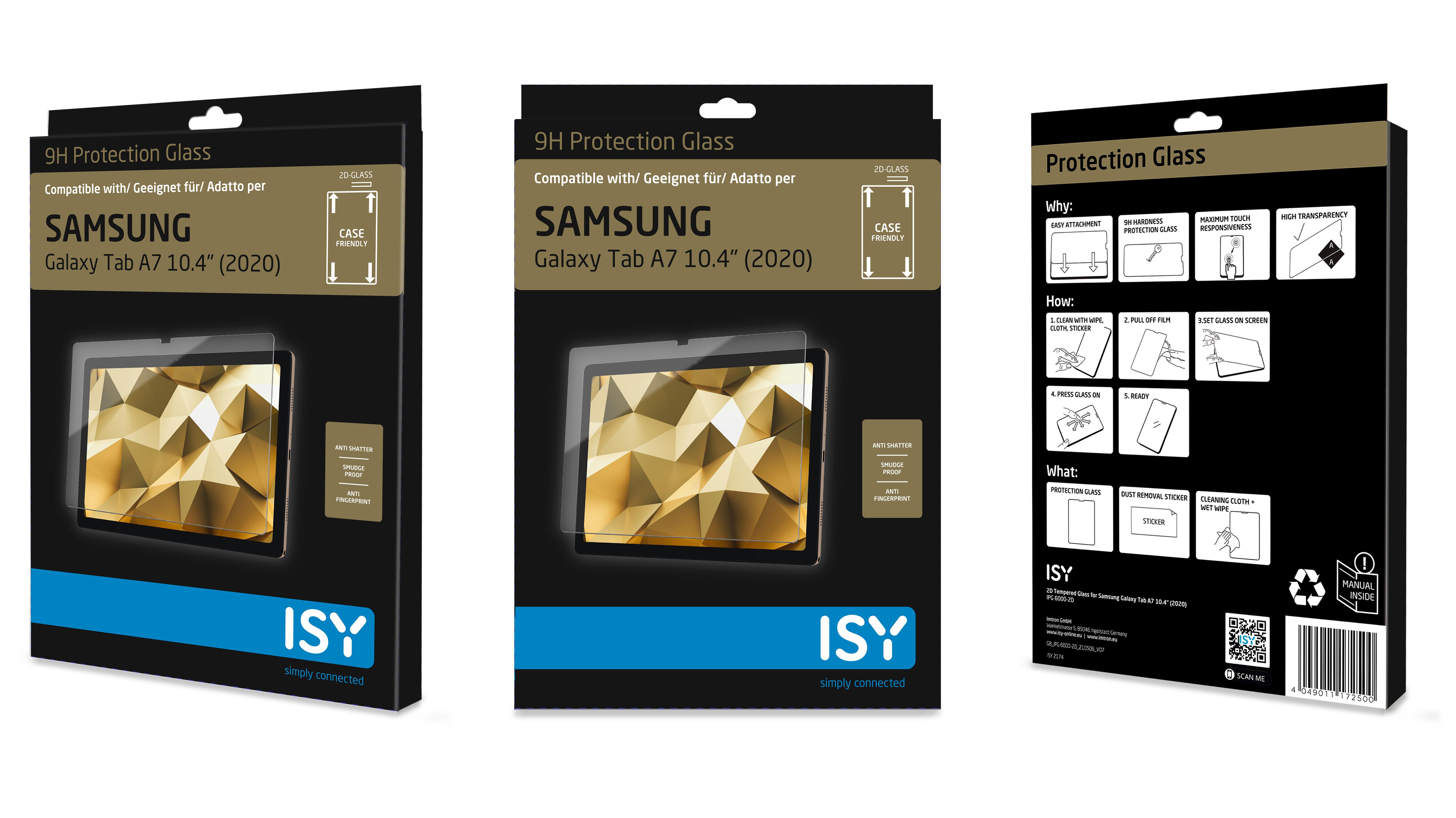 Drei Schachteln 9H Schutzglas für Samsung Galaxy Tab A7 (2020). Produktverpackung wird gezeigt.