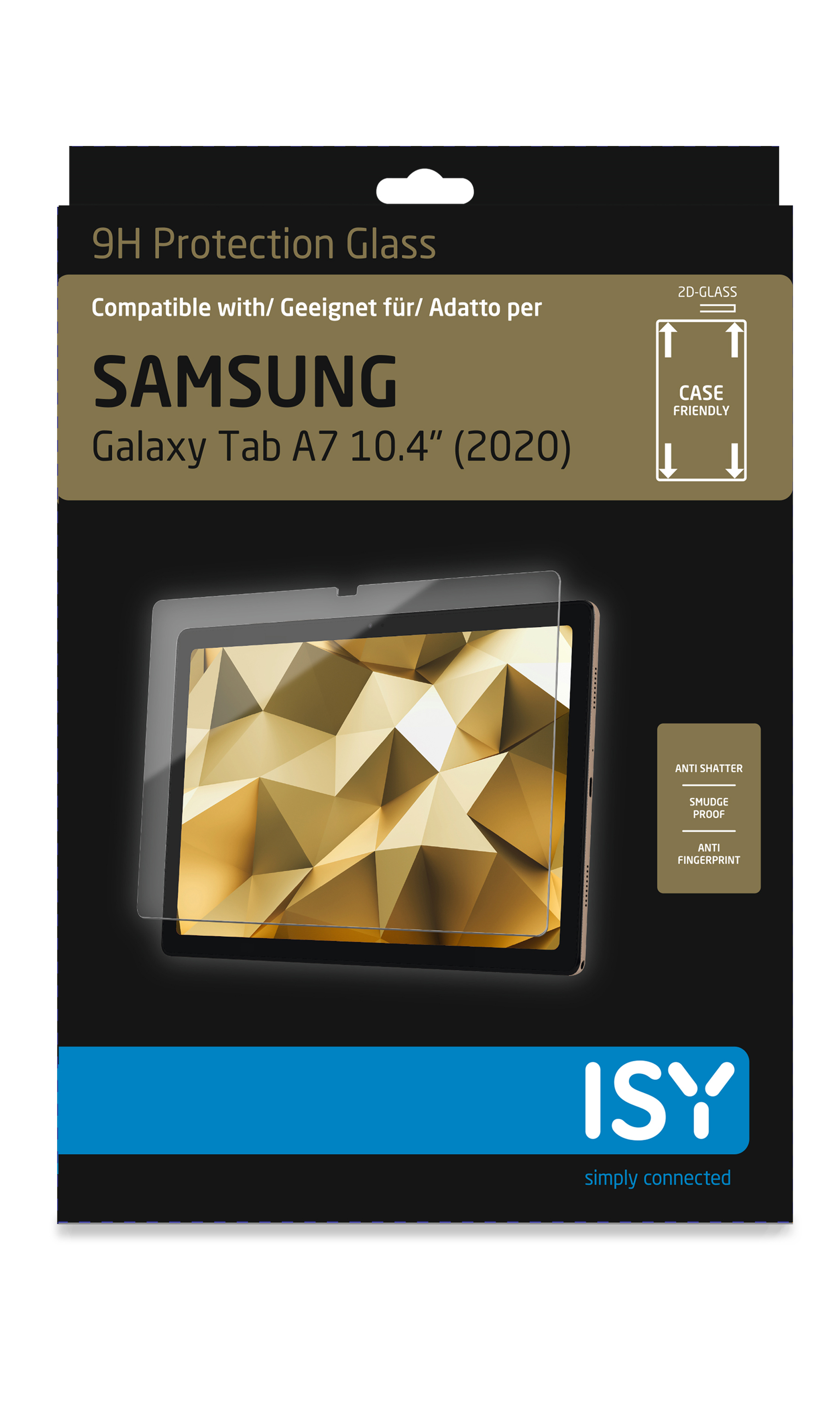 Verpackung für einen Displayschutz, die Vorderseite zeigt ein Tablet und den Markennamen ISY.