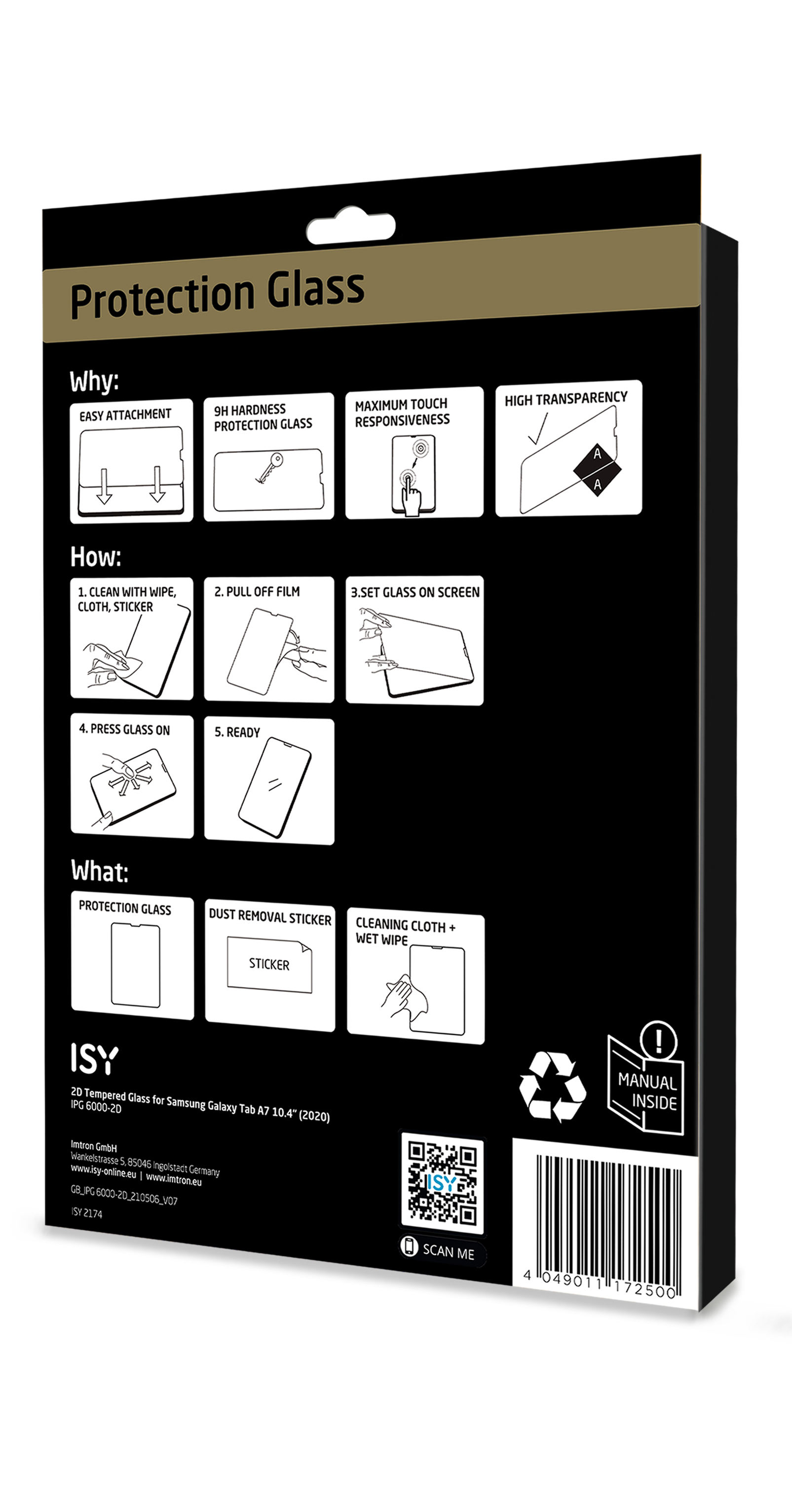 Eine Verpackung zeigt die Schritte zum Anbringen eines Bildschirmschutzes an einem Tablet. Sie befindet sich auf weißem Hintergrund.