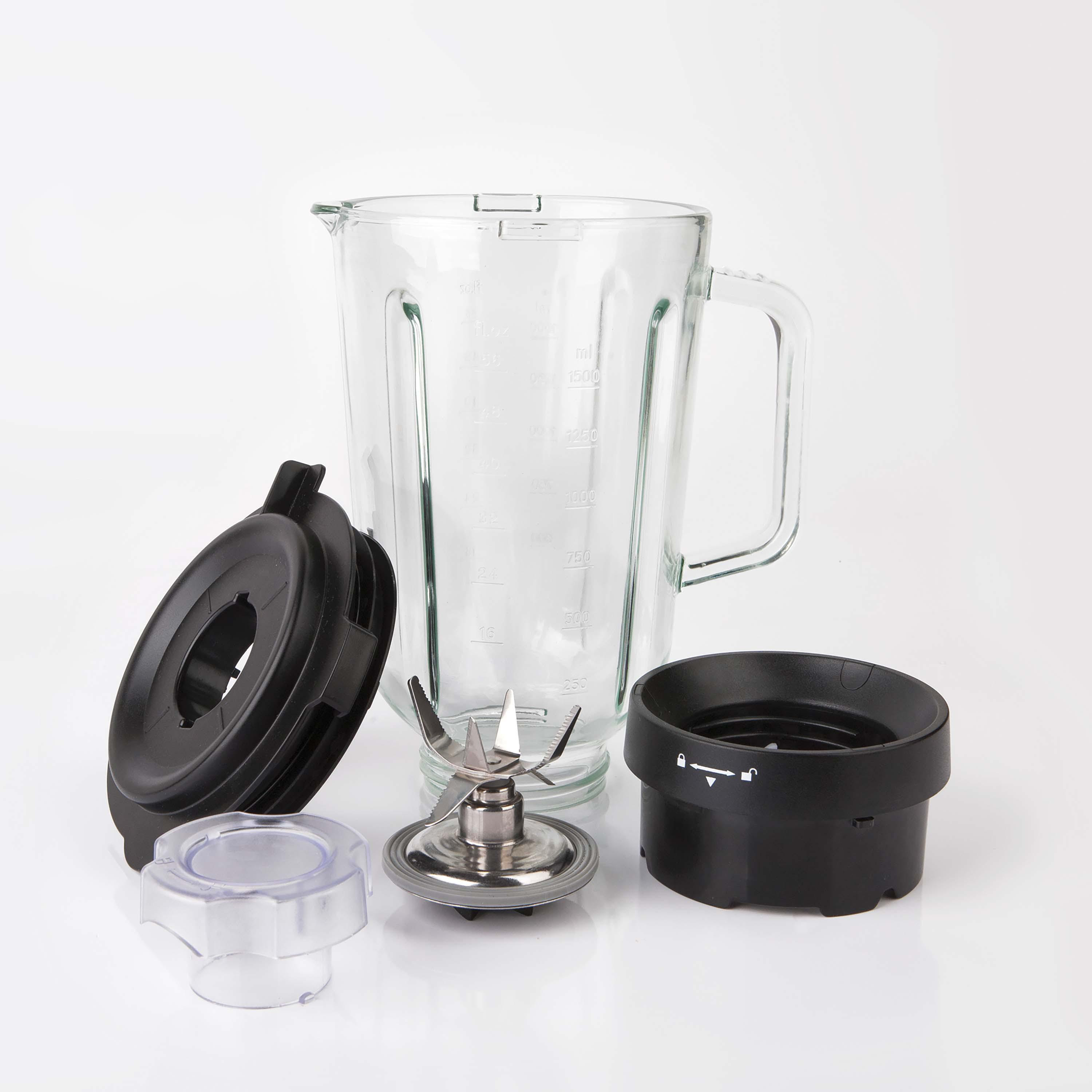 Mixer-Teile, Glasbehälter, Klinge, Deckel und schwarze Basiskomponenten.