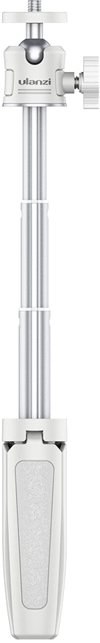 Fehér-ezüst Ulanzi telefontripod, kihúzva. Golyós fejjel, állítható lábakkal és telefontartóval rendelkezik.