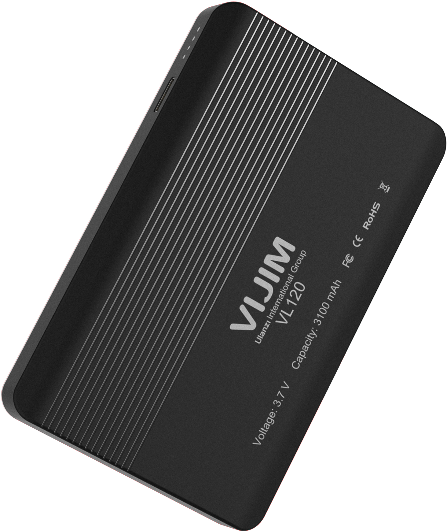 Fekete téglalap alakú lámpa fehér vonalakkal. Szöveg: VIJIM, Feszültség: 3,7 V, Kapacitás: 3100 mAh.
