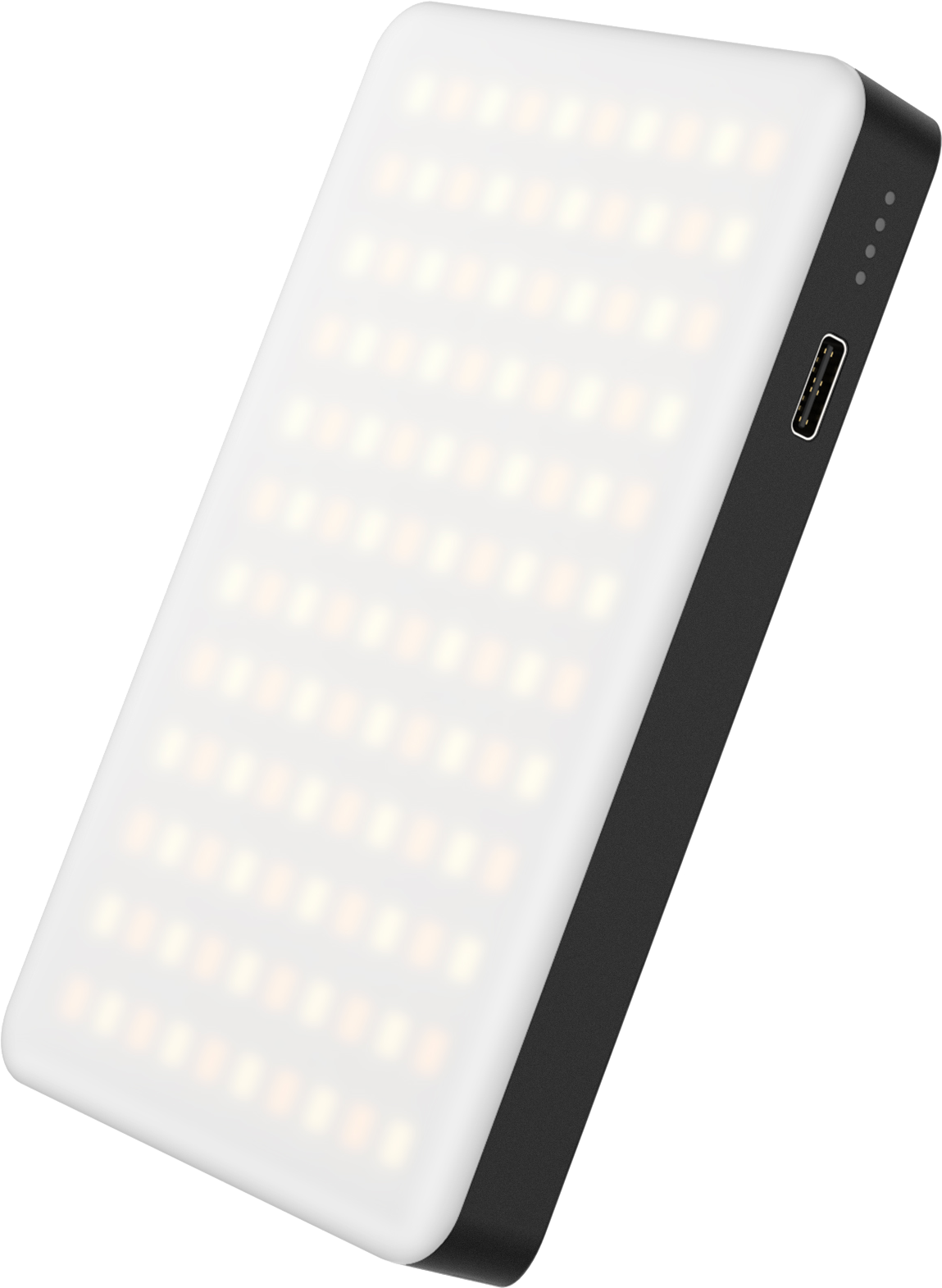 Fekete-fehér LED-es fény panel fekete kerettel. USB port látható.