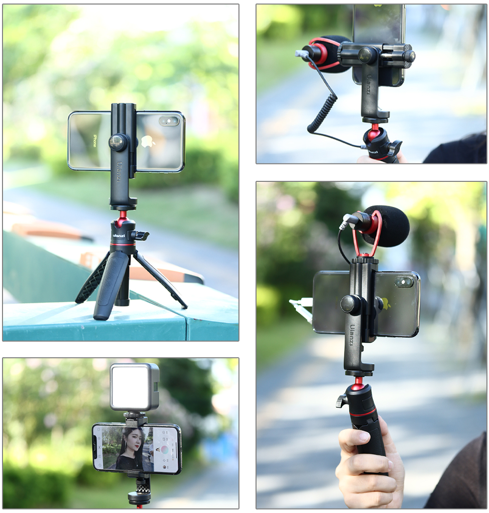 Képek sorozata, melyek egy állványra szerelt telefont mutatnak mikrofonnal és lámpával.