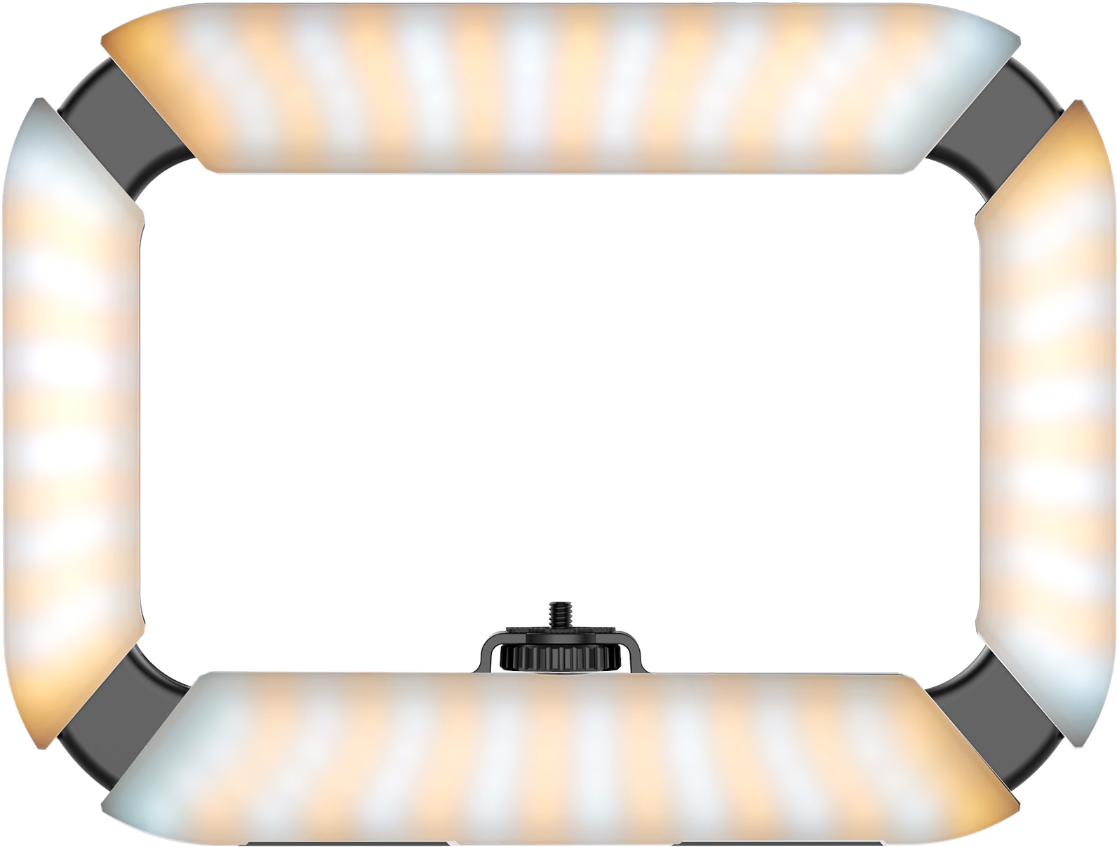 Téglalap alakú LED-es fénykeret élénk fehér fényekkel, szögletes kialakítás, fekete háttéren.