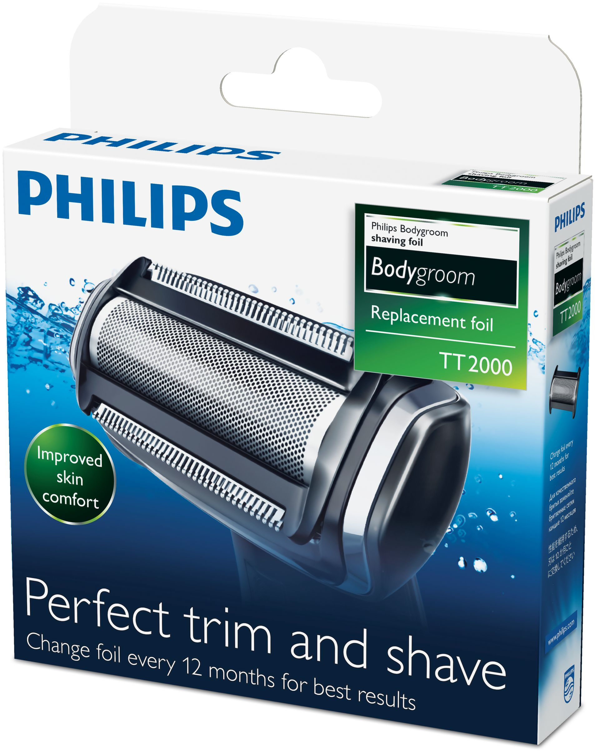 Doos van Philips Bodygroom scheerfolie, met tekst en afbeeldingen, en een blauwe achtergrond.