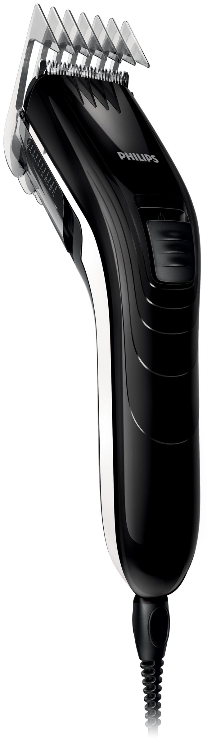 Tondeuse à cheveux Philips noire et blanche avec plusieurs longueurs de lames.