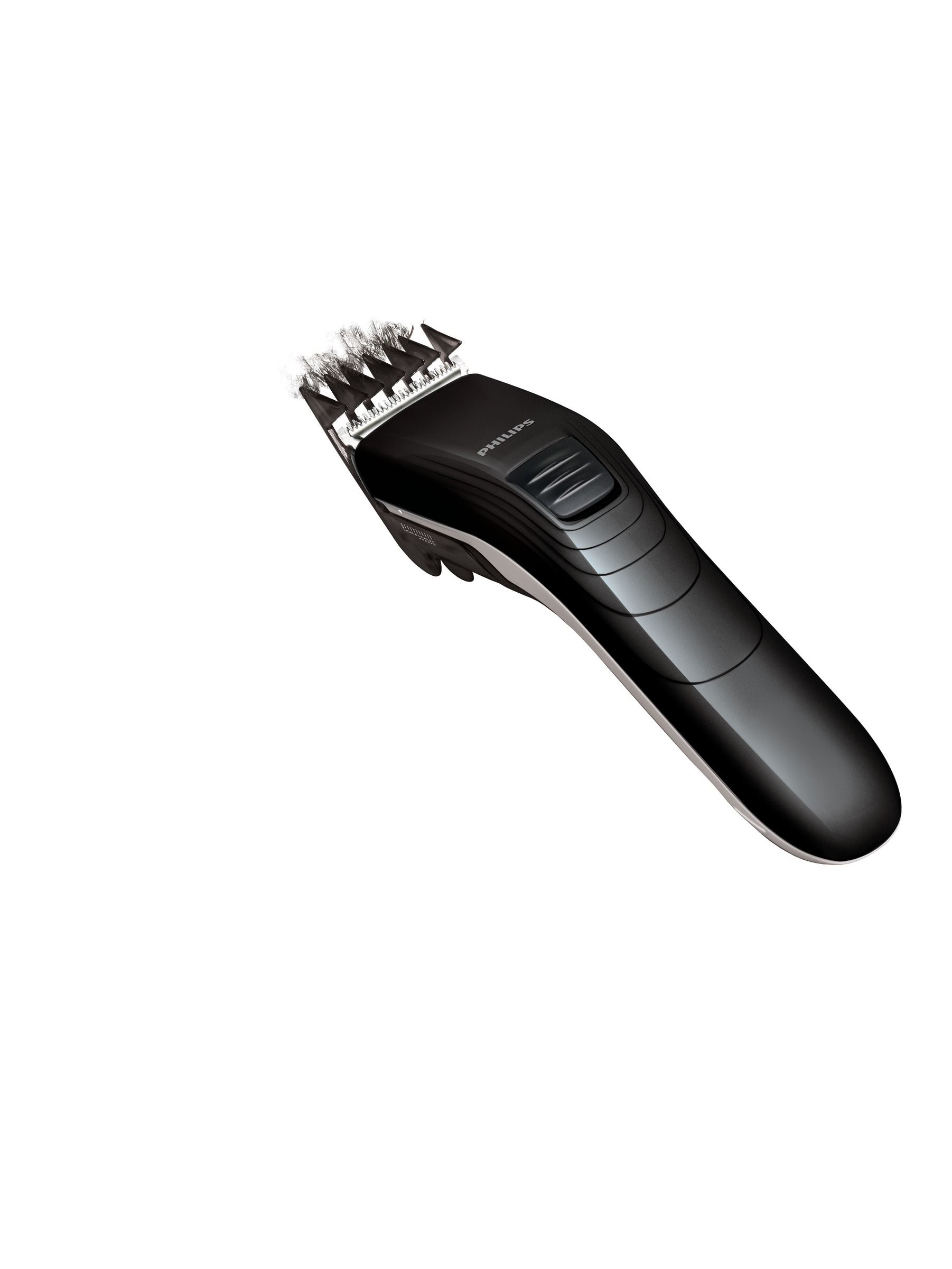Une tondeuse à cheveux Philips noire avec une tête de coupe, isolée sur fond blanc.
