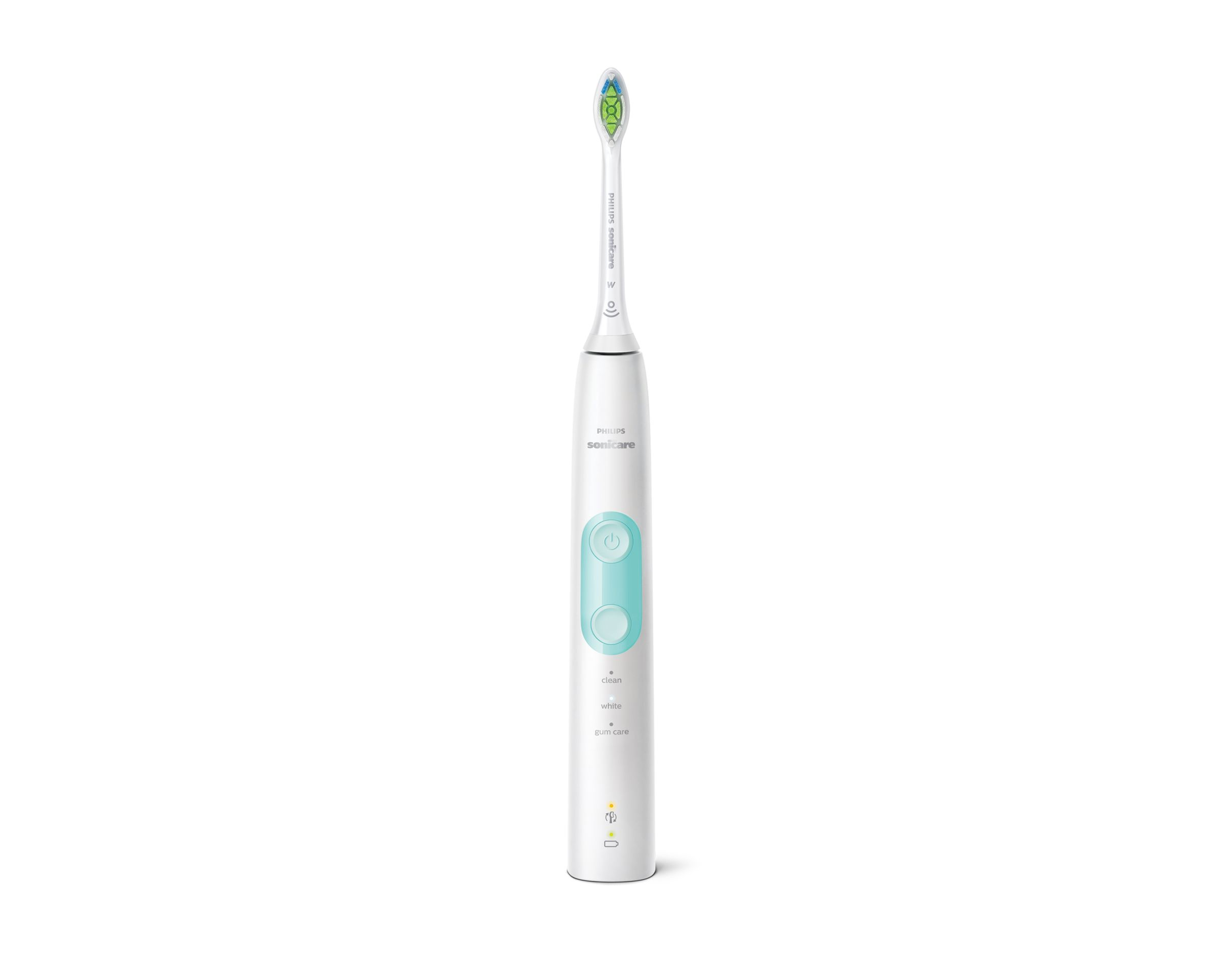 Brosse à dents Philips Sonicare blanche. Elle possède des boutons et une tête de brosse.