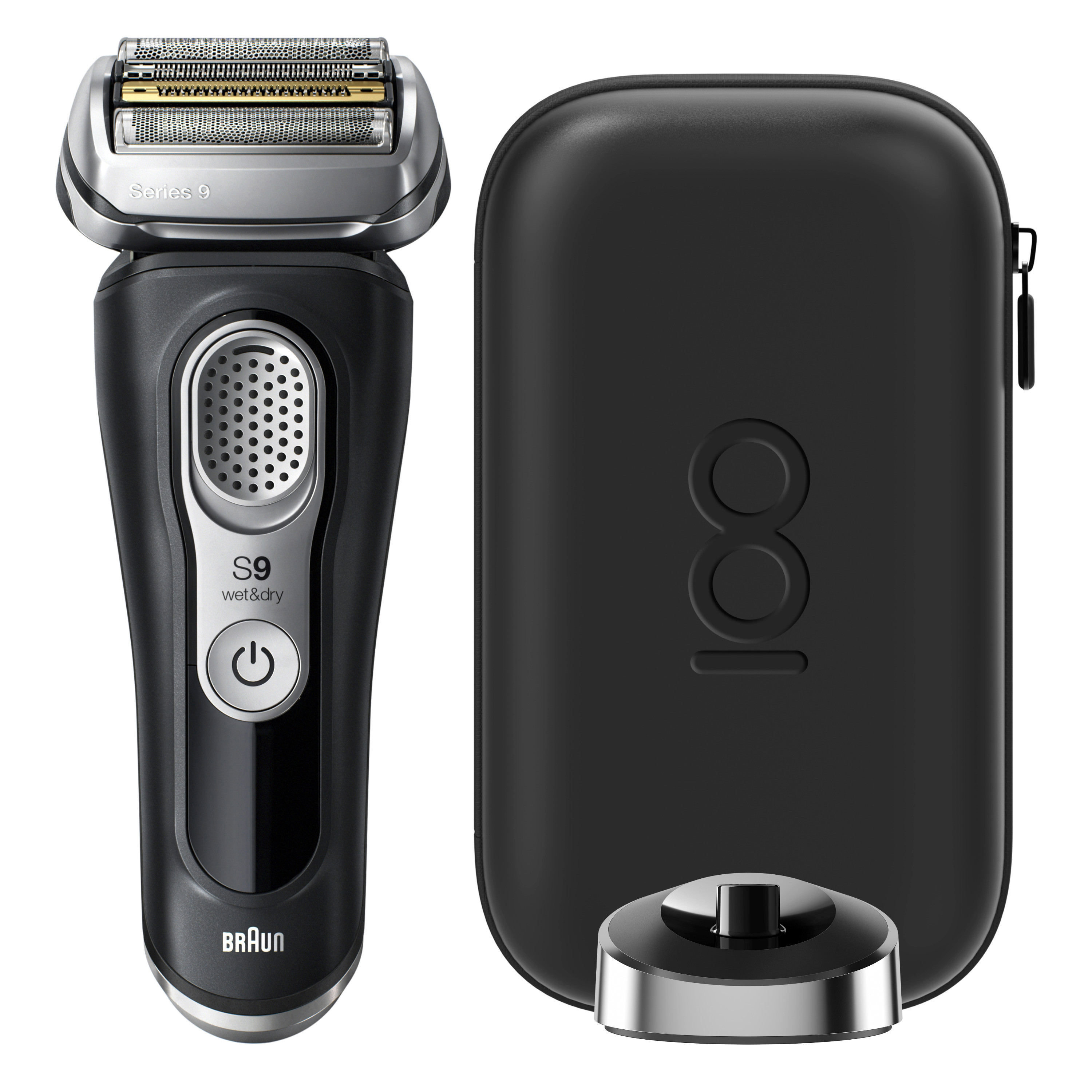 Ein schwarzer elektrischer Rasierer Braun Series 9 mit Ladestation und Reiseetui.