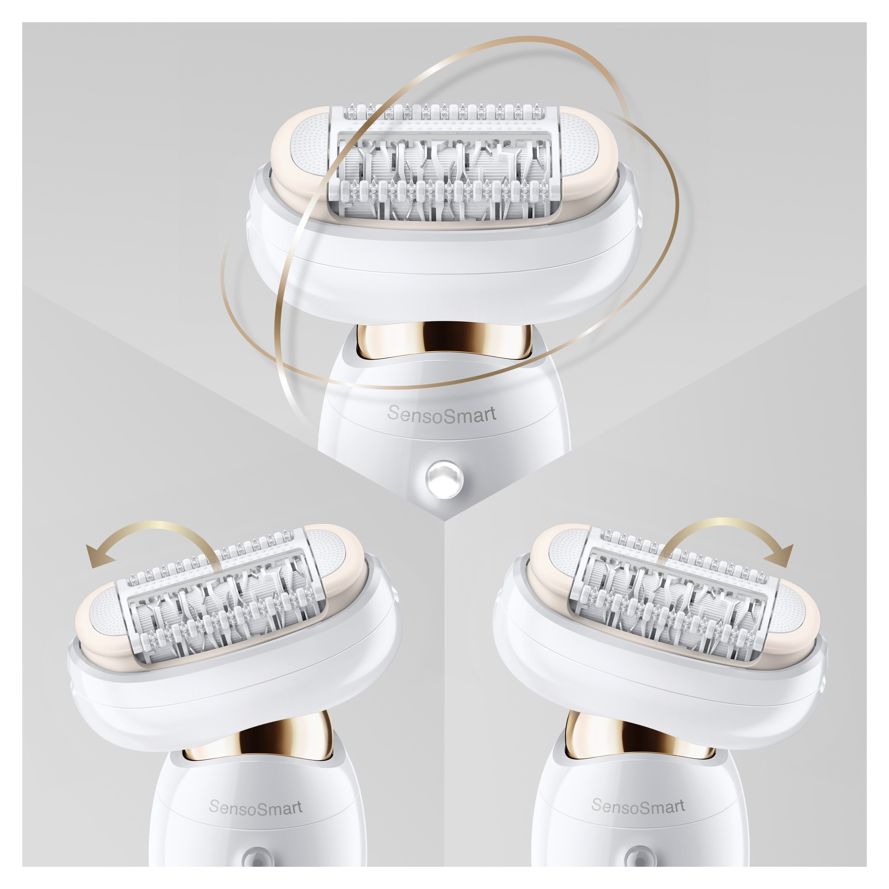 Ein weißer Epilierer mit drei rotierenden Köpfen. Pfeile zeigen die Drehrichtung.