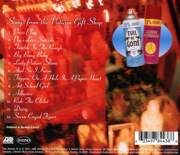 CD borító. Cím: Songs from the Vatican Gift Shop. Spray palackokkal és a dalok listájával.