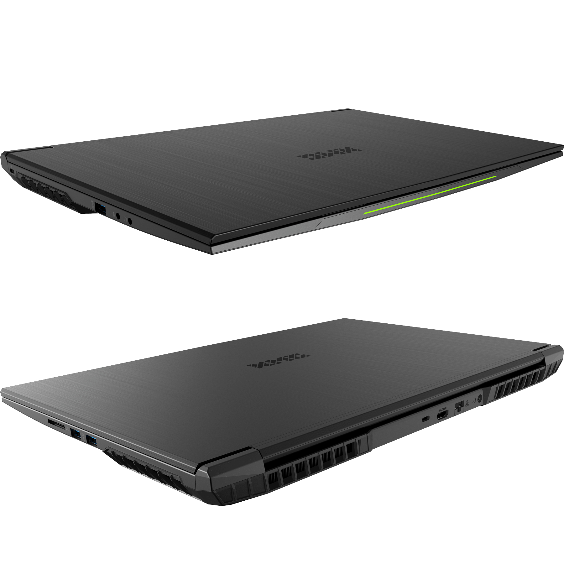Zwei schwarze Laptops, geschlossen, von der Seite, mit gebürstetem Metall-Finish.