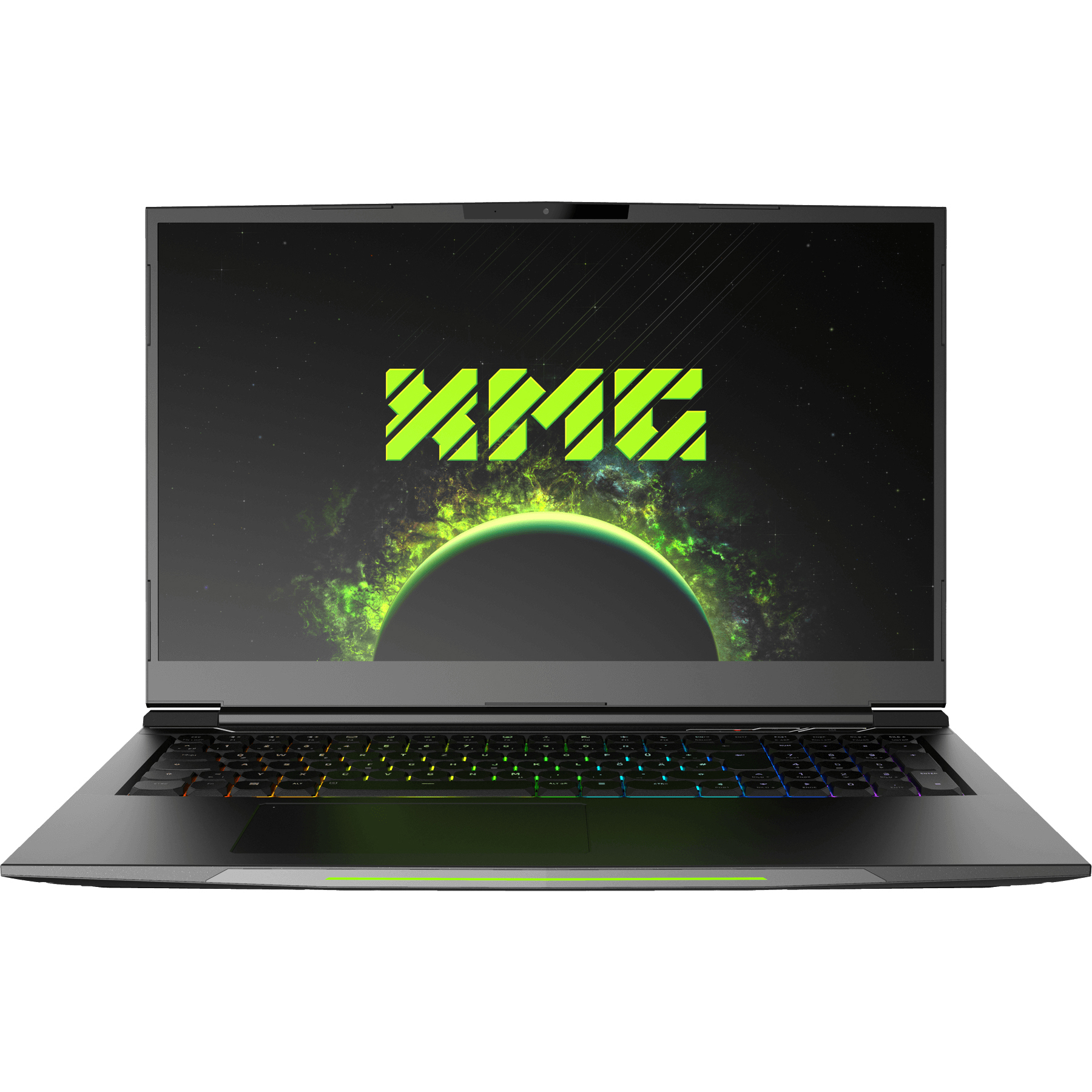 Schwarzer Laptop mit einem grün-gelben Logo auf Weltraumhintergrund.