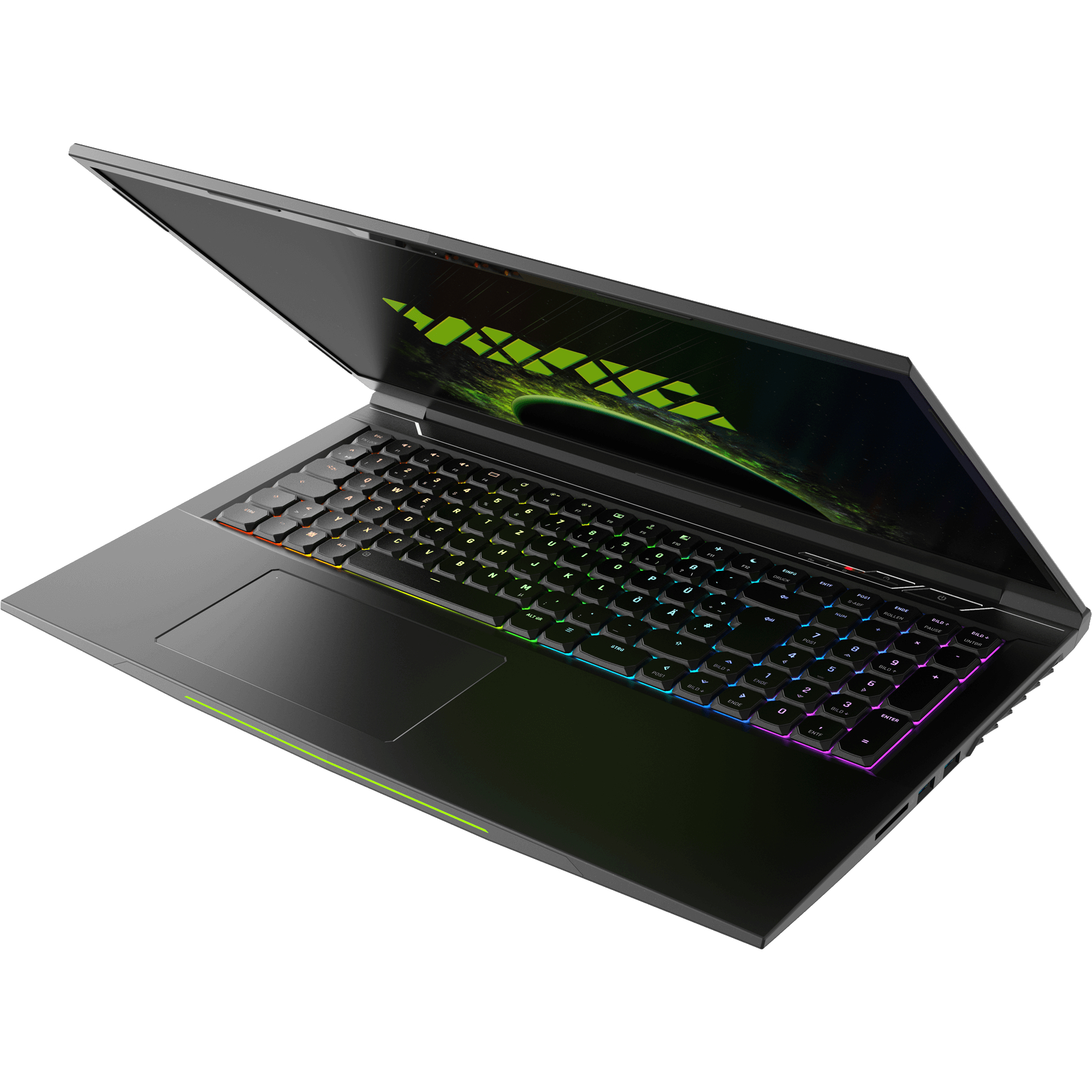Schwarzer Laptop mit offenem Bildschirm. Tastatur mit RGB-Beleuchtung sichtbar. Grüne Akzente.