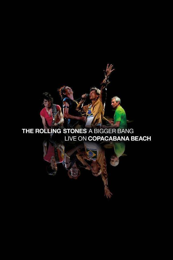 Rolling Stones élőben a színpadon. Öt zenekari tag fellépése tükröződéssel, fekete háttéren.