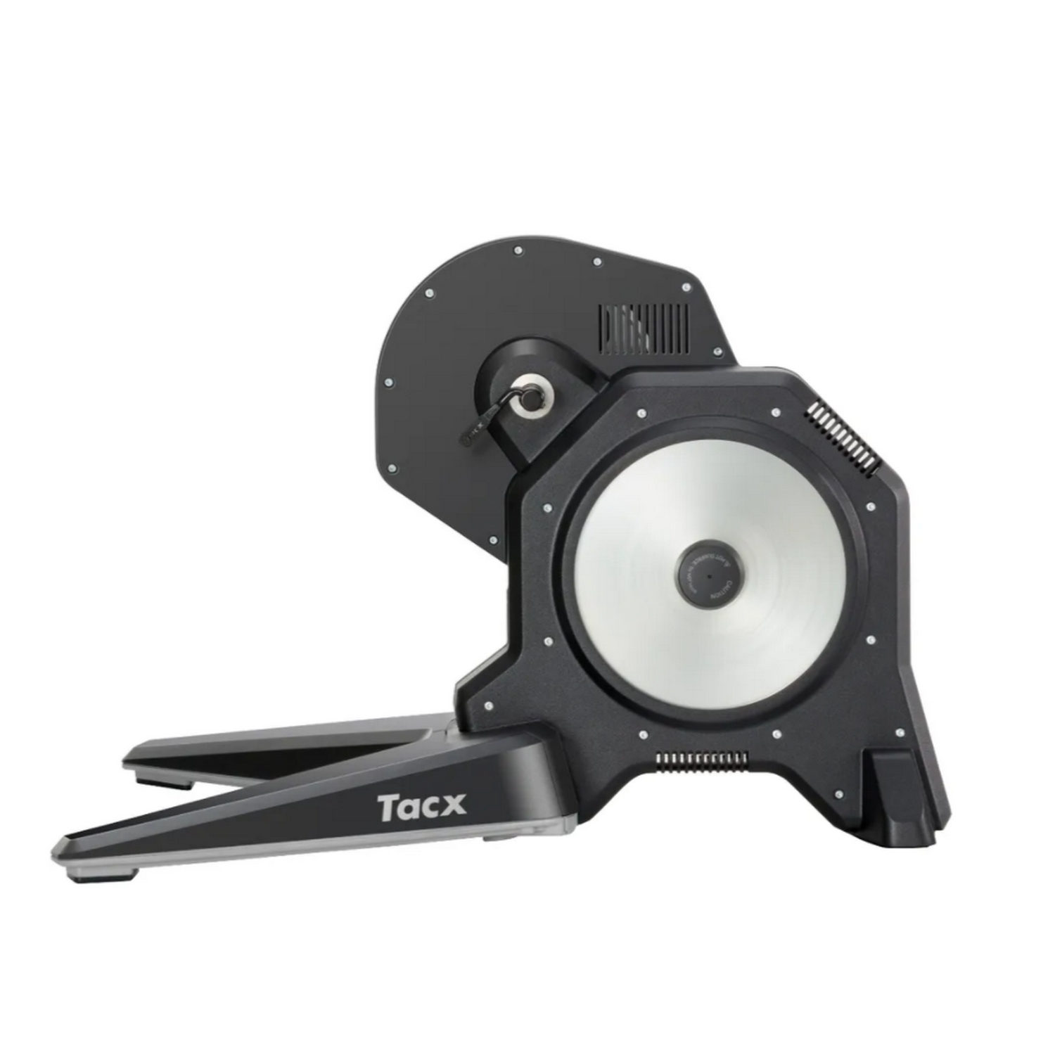 Un entrenador de bicicleta Tacx negro y gris sobre fondo blanco. Muestra el área de fijación de la rueda.