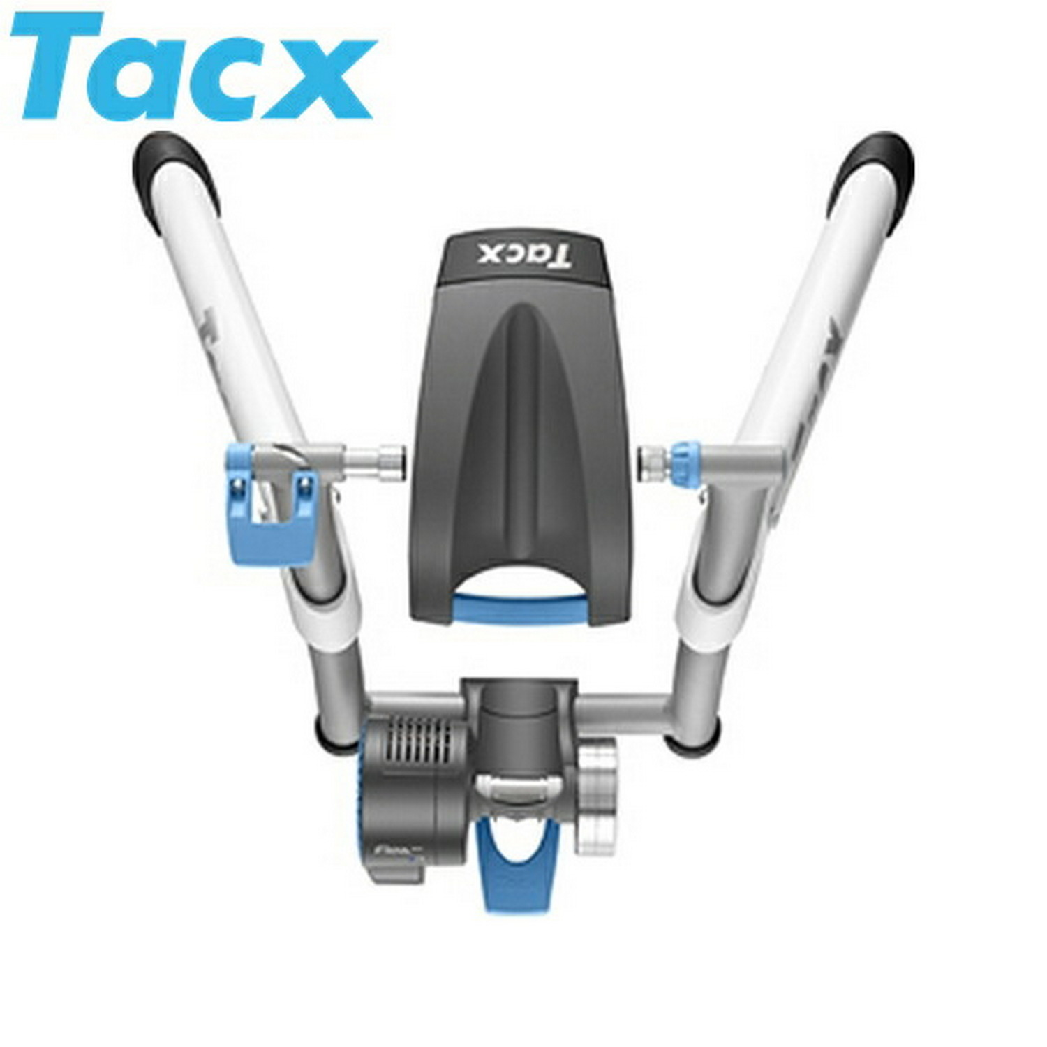 Entrenador de bicicleta Tacx. Es plateado y azul y sobre un fondo blanco.