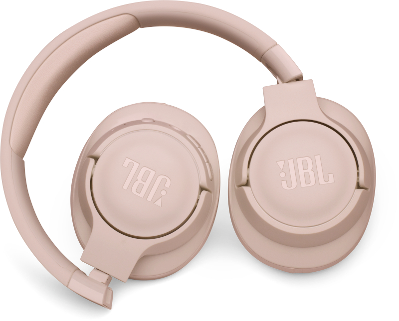 Rosa JBL-Kopfhörer, zusammengeklappt und auf weißem Hintergrund platziert. Das JBL-Logo ist sichtbar.