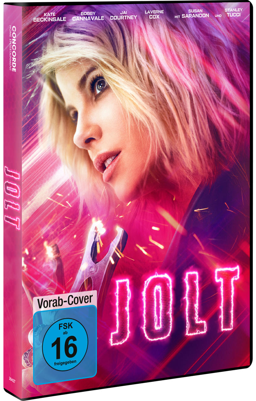 Jolt DVD-Cover mit Kate Beckinsale. Rosa und lila Neonlichter.
