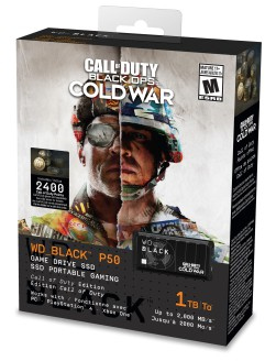 Boîte noire et grise pour un SSD WD_BLACK P50. Image d'un homme avec Call of Duty.