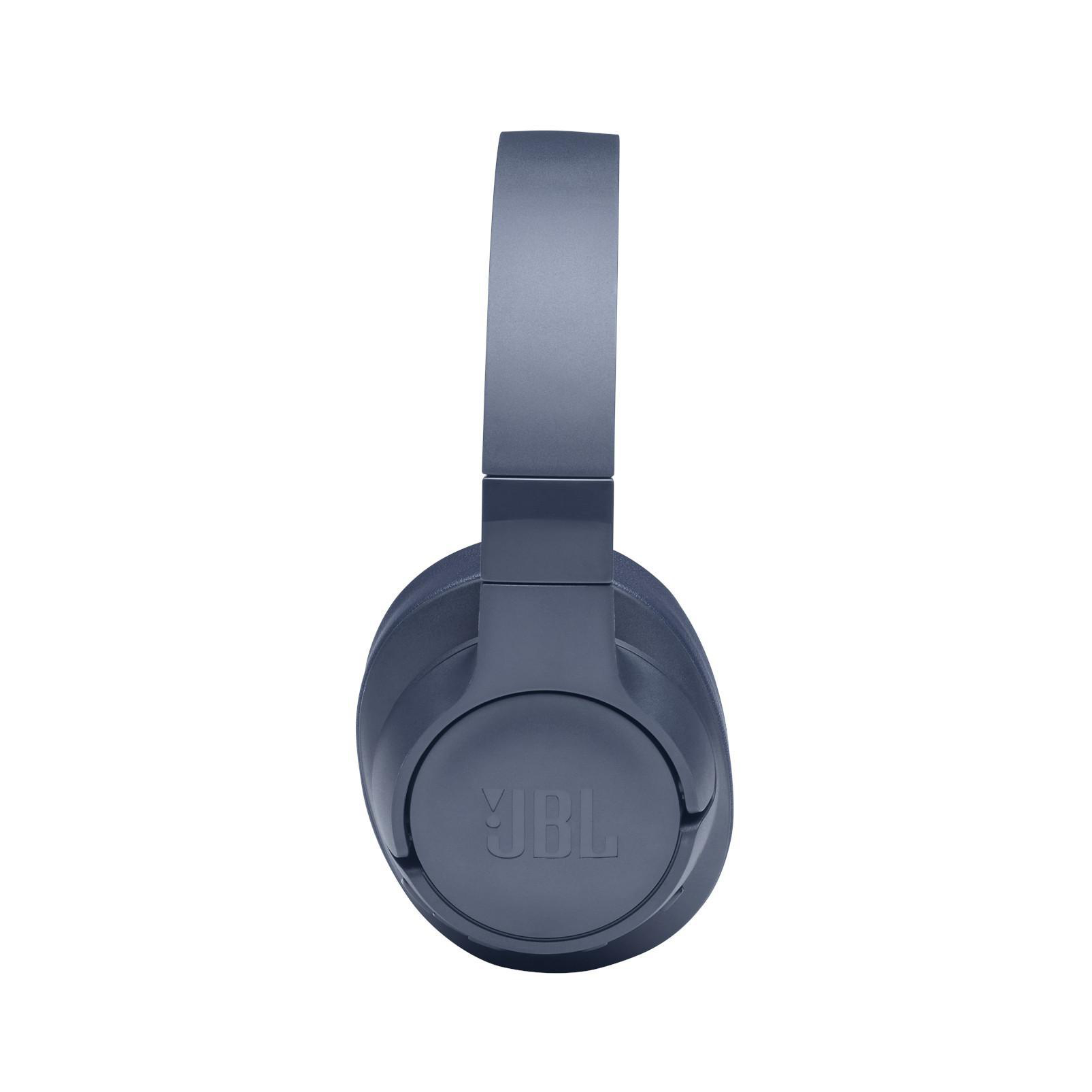 Blaue JBL-Kopfhörer, Vorderansicht. Kopfbügel und Ohrmuscheln sichtbar.