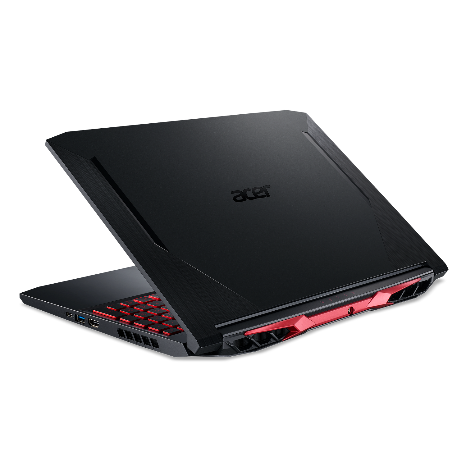 Portátil Acer negro, vista en ángulo. Acentos rojos en los lados y el teclado.
