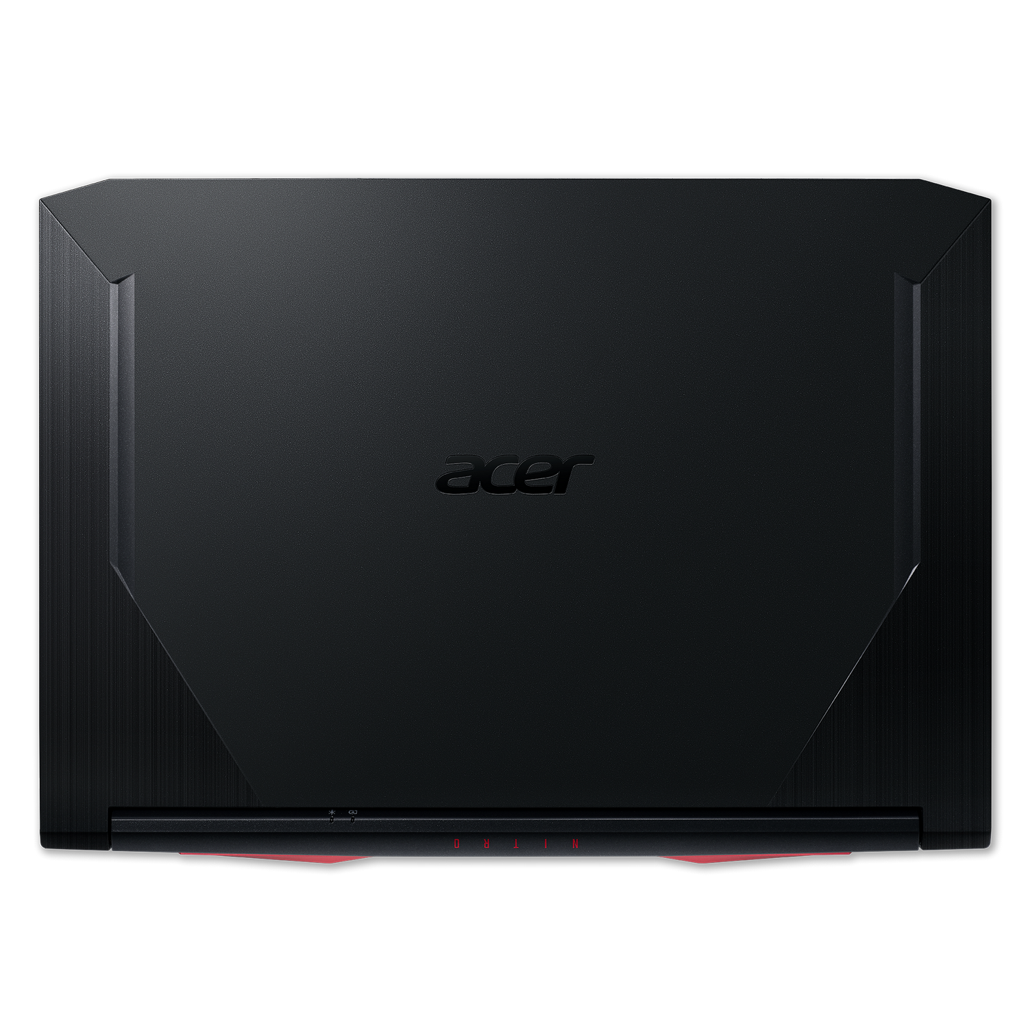Vista superior de un portátil Acer Nitro negro. El logotipo de Acer está en el centro. Franja roja en la parte inferior.