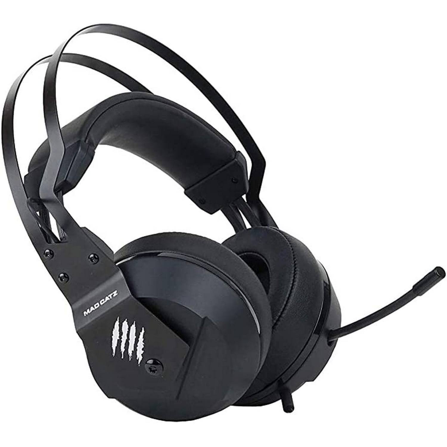 Auriculares Mad Catz negros con micrófono. Los auriculares tienen un diseño único con el logotipo de la marca.
