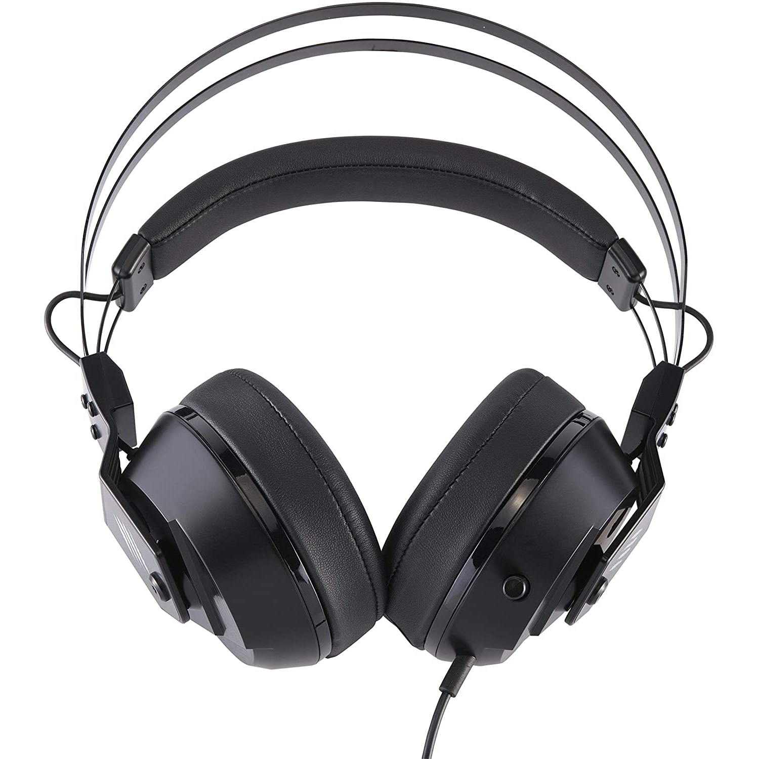 Auriculares negros sobre una superficie blanca. Los auriculares tienen auriculares grandes y una diadema.