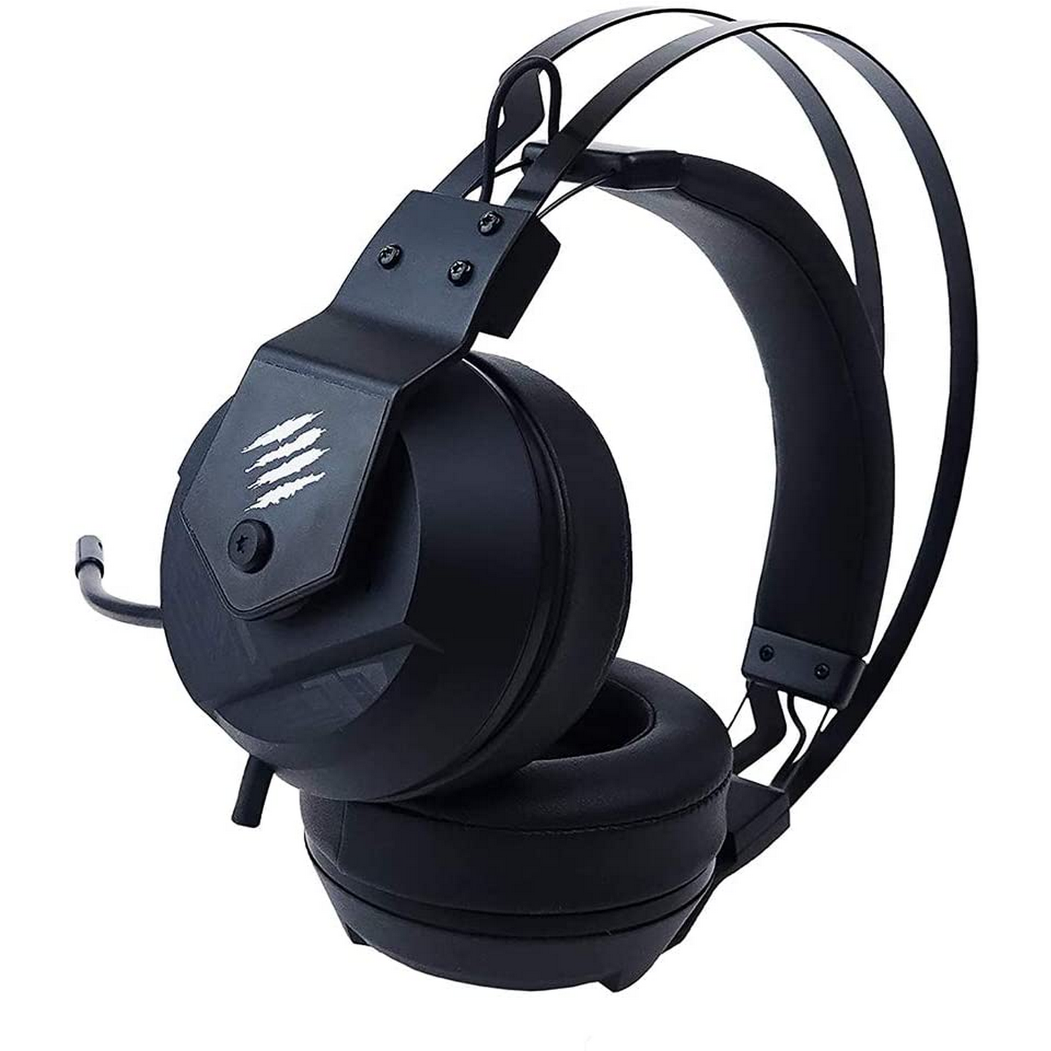 Auriculares para juegos negros con micrófono, aislados sobre un fondo blanco.