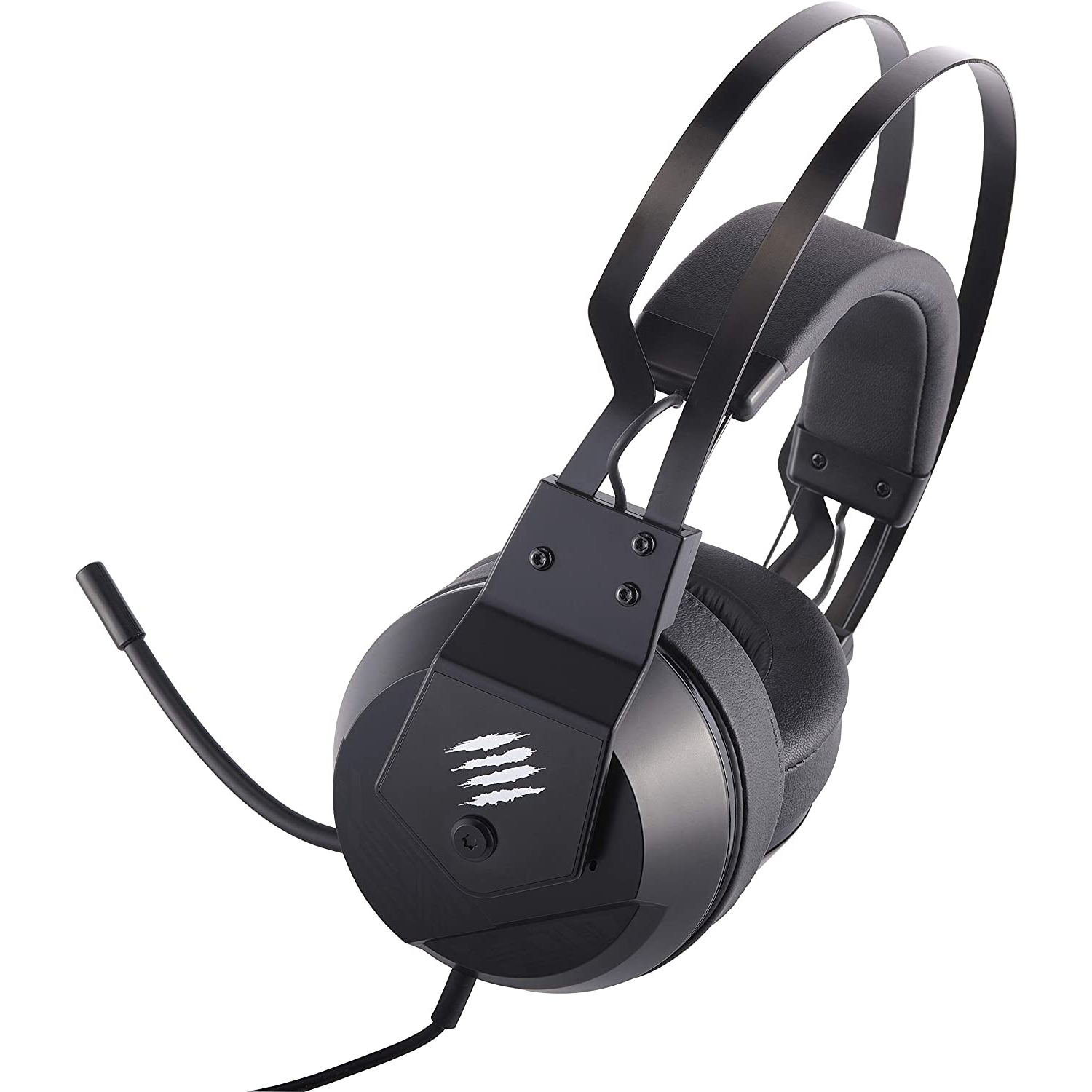 Auriculares gaming negros con micrófono. Los auriculares tienen un diseño de marca de garras.