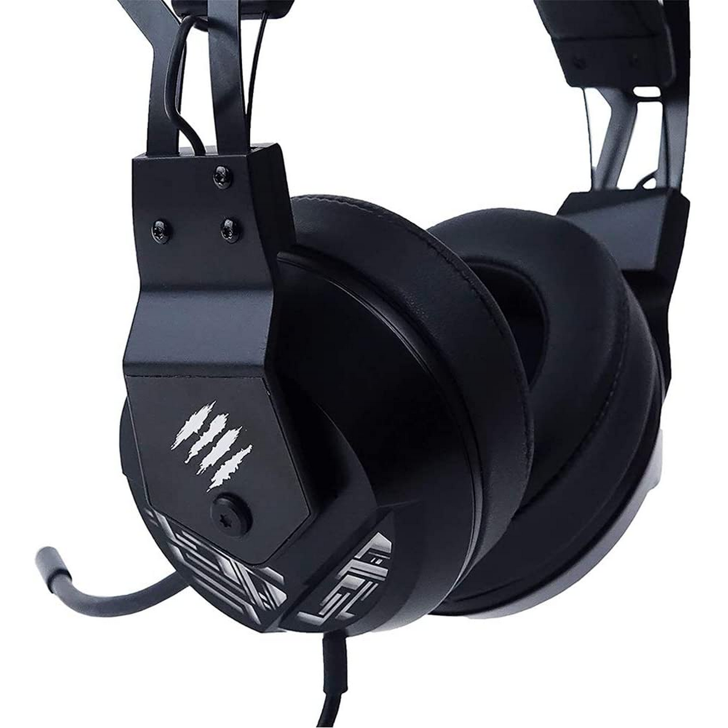 Auriculares negros con micrófono. Los auriculares tienen detalles blancos y un logotipo.