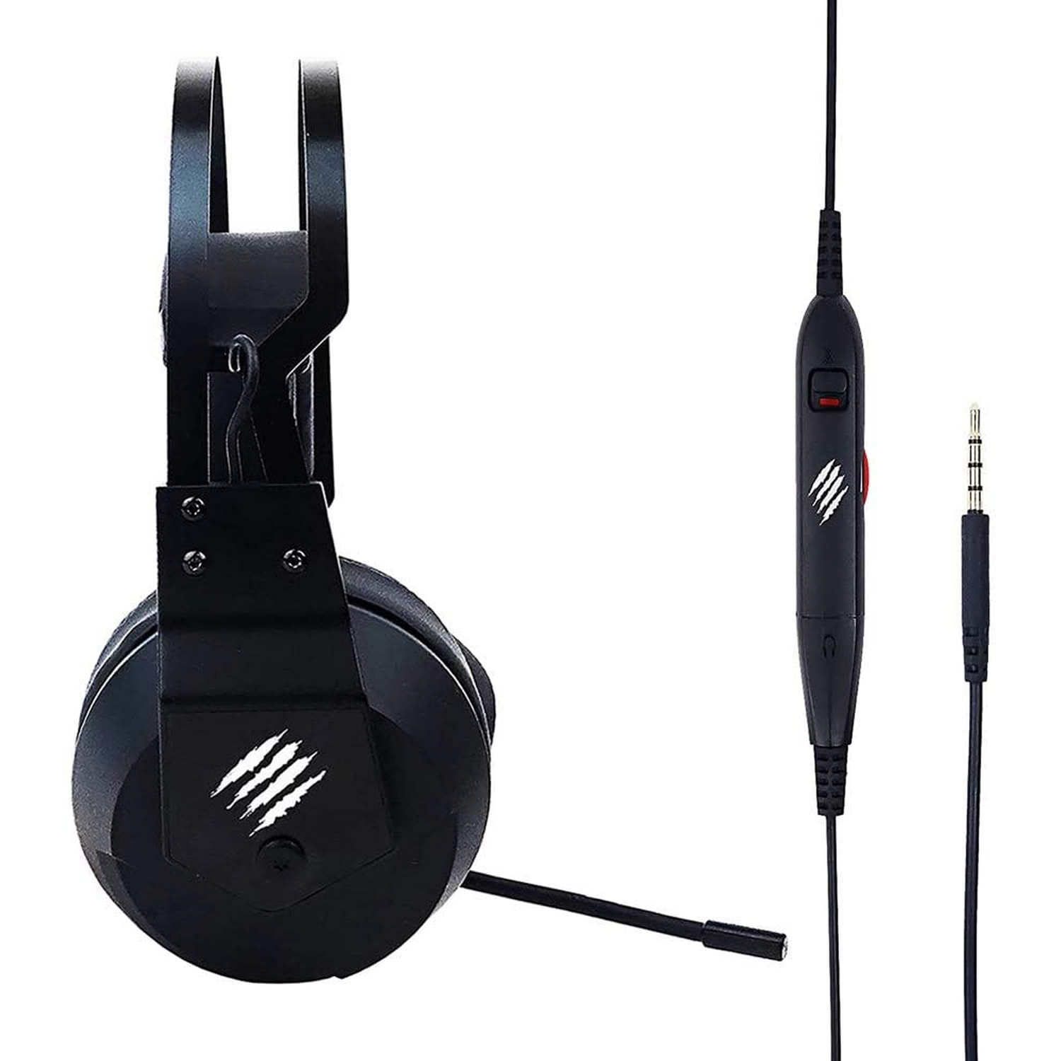 Auriculares gaming negros con micro y botón rojo, con logo de garra.