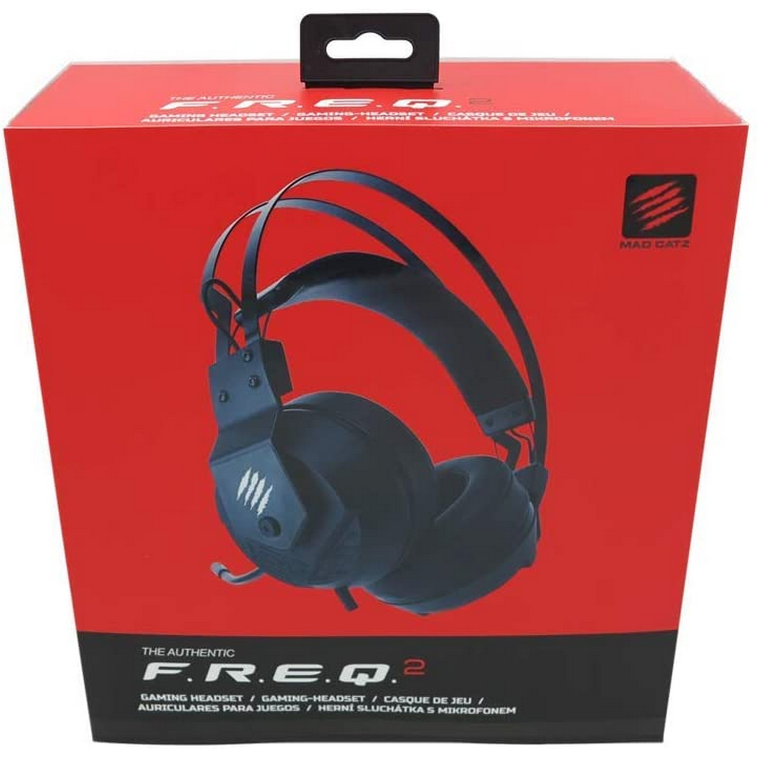 Caja roja con auriculares gaming negros y el logo de Mad Catz.