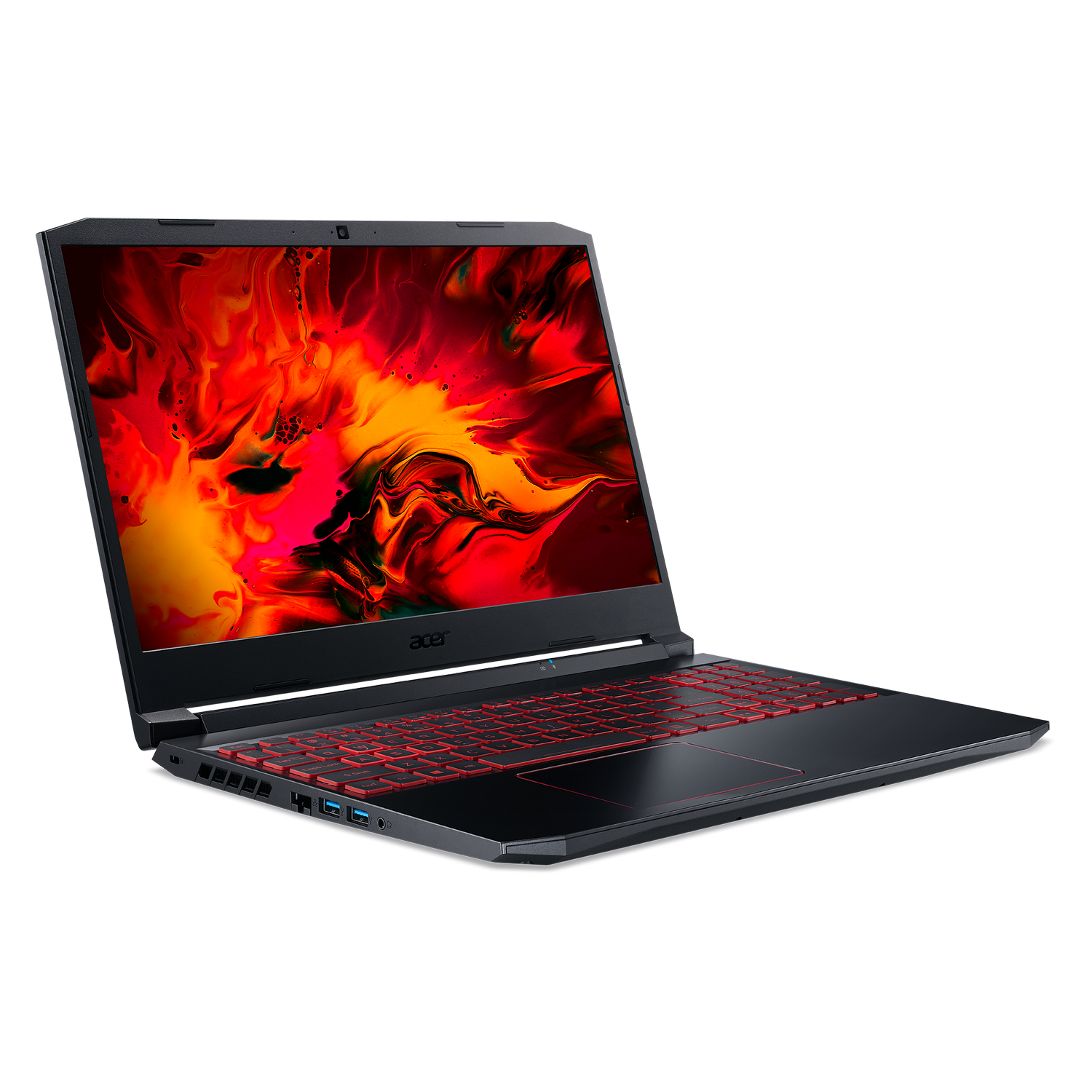 Un portátil Acer Nitro negro y rojo, abierto sobre una superficie negra, con un fondo negro.
