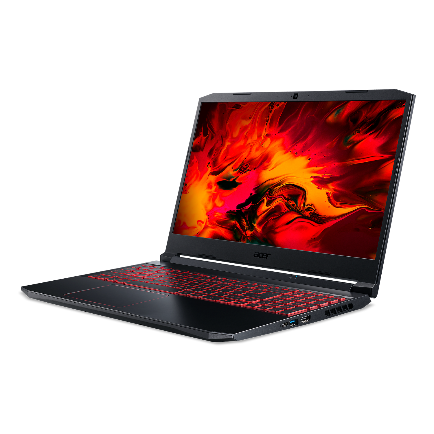 Una computadora portátil negra con teclado rojo y pantalla que muestra un gráfico ardiente, sobre una superficie negra.