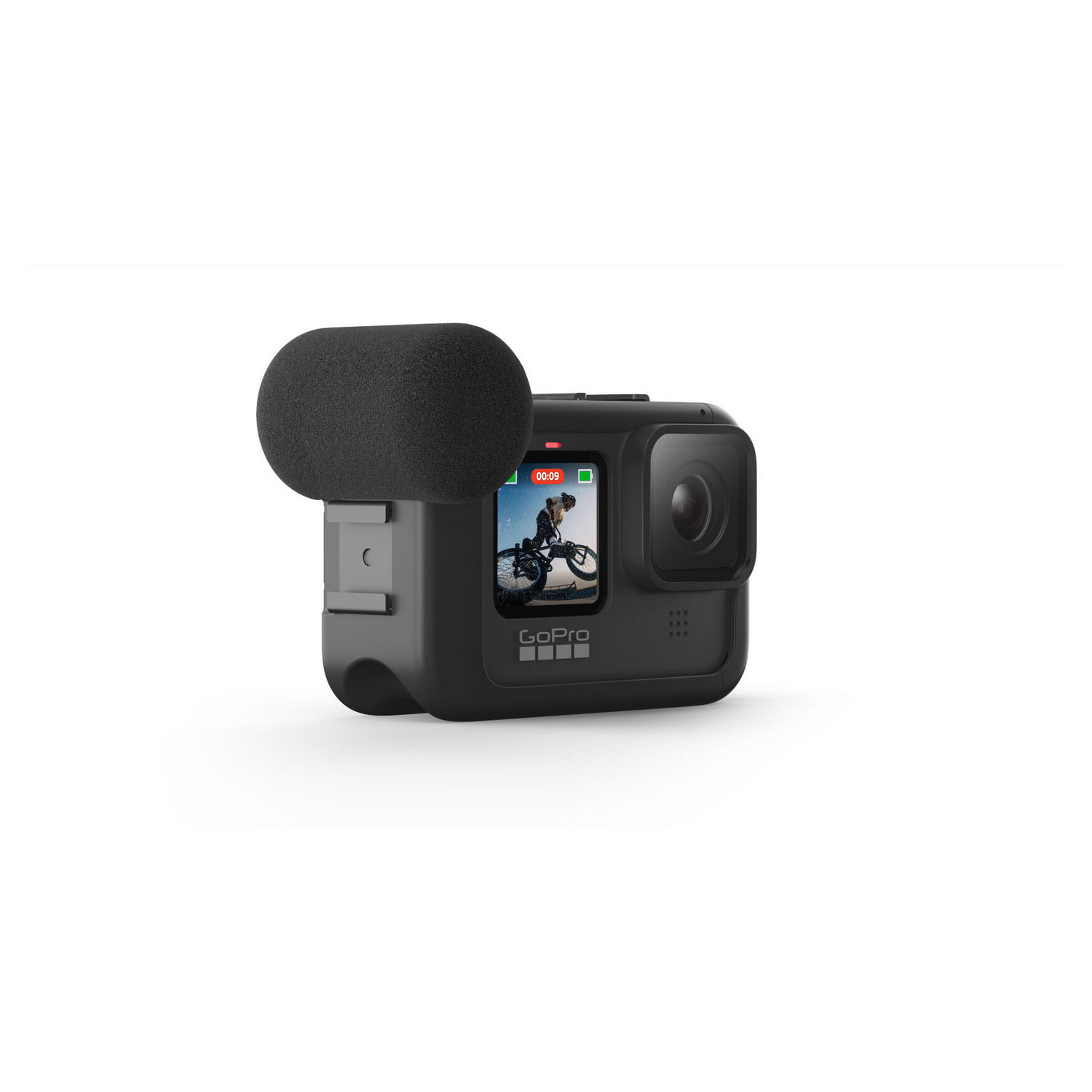 Cámara GoPro con micrófono adjunto, mostrando una pantalla.