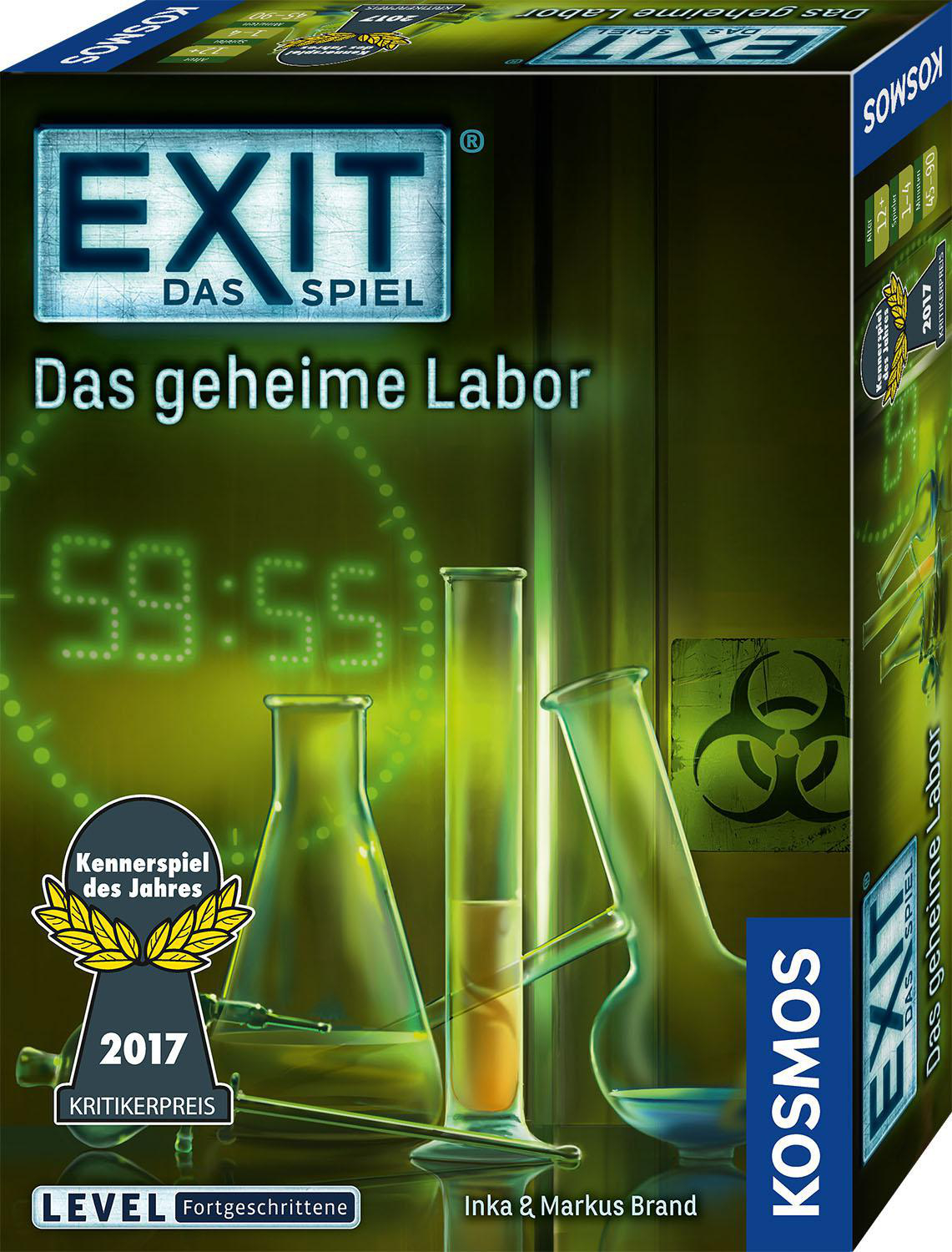 Spielbox von EXIT: Das geheime Labor mit angezeigter Zeit.