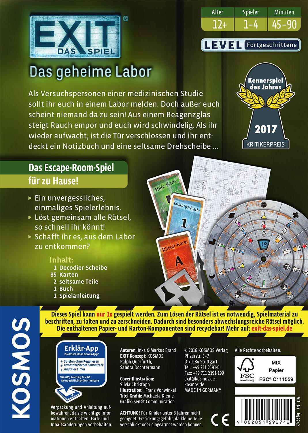 Spielbox mit Text und Bildern. Es ist ein Brettspiel namens EXIT: Das Spiel.