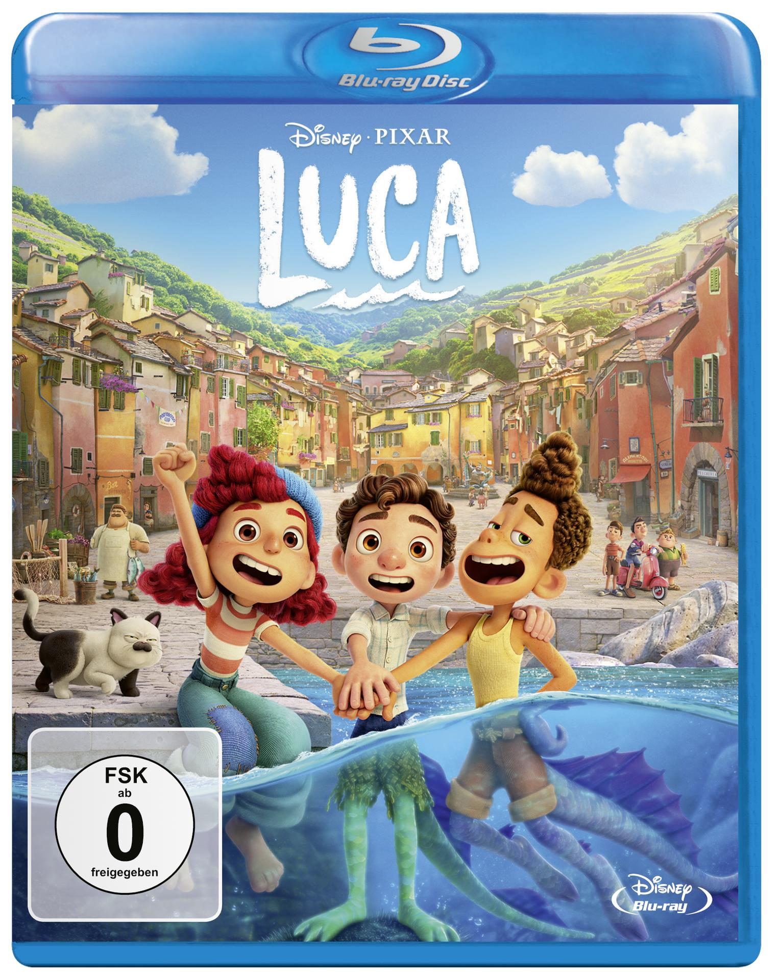 Blu-ray-Cover des Animationsfilms Luca. Enthält drei Charaktere und eine farbenfrohe Küstenszene.