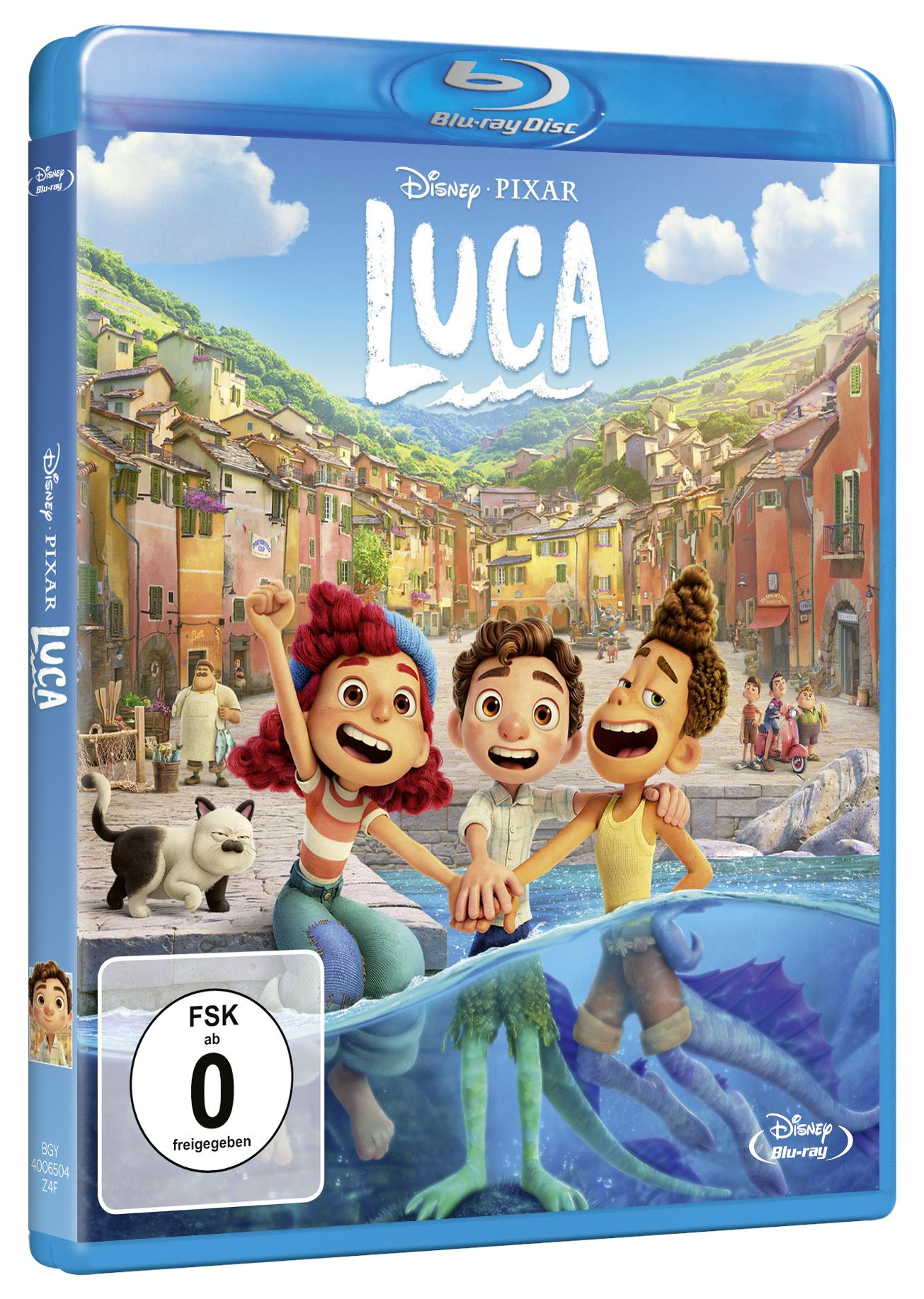Das Cover des Animationsfilms Luca auf Blu-ray Disc mit drei Charakteren.