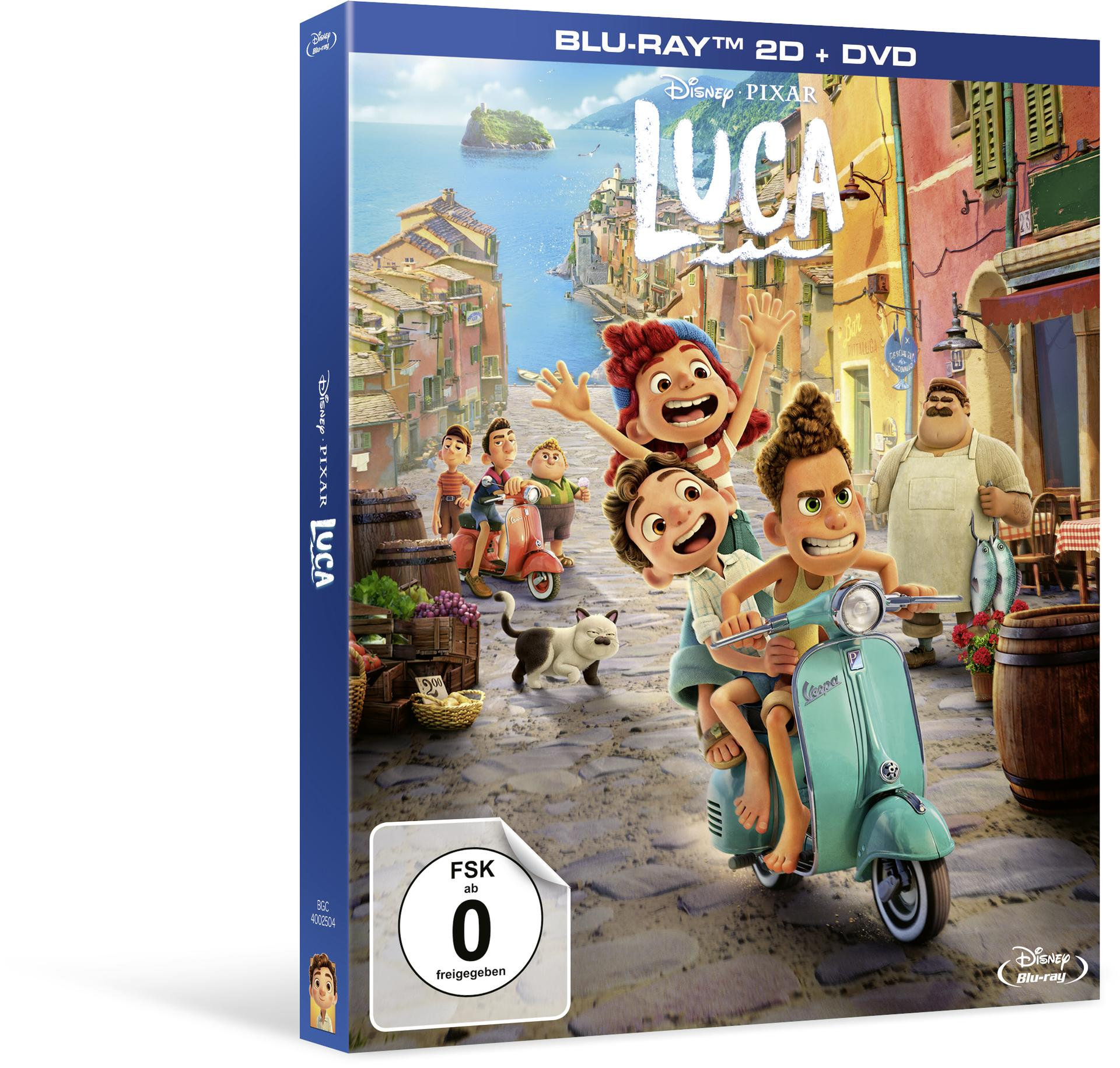 Blu-ray-Hülle des Films 'Luca'. Animierte Charaktere auf einem Roller auf einer farbenfrohen Straße.