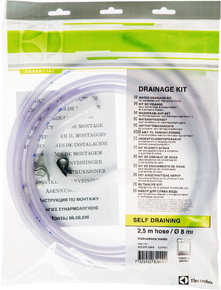 Un kit de drainage pour un sèche-linge. Le kit comprend un tuyau transparent enroulé et des instructions.
